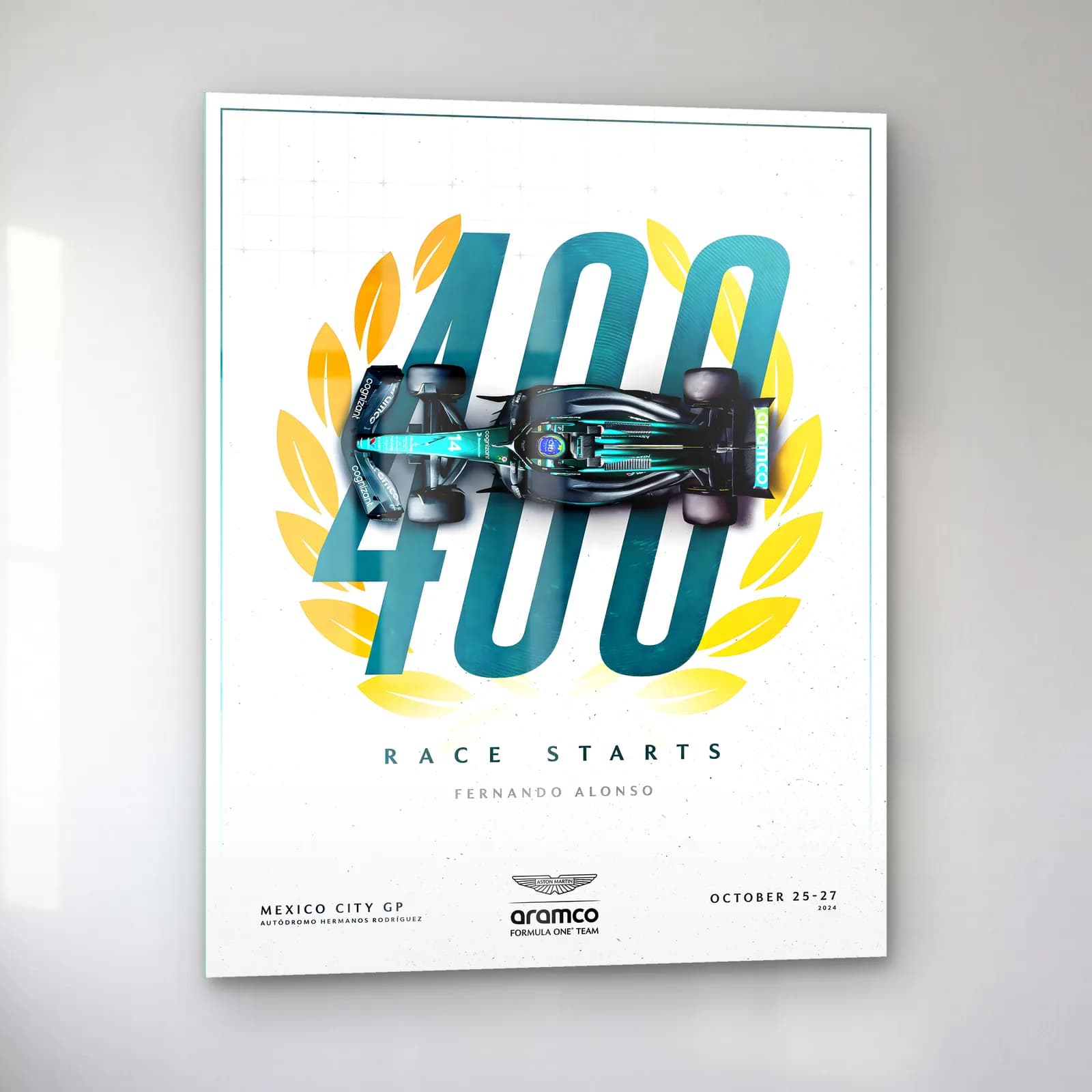 Fernando Alonso 400 Yarış Posteri cam tablo — sol açıdan görünüm