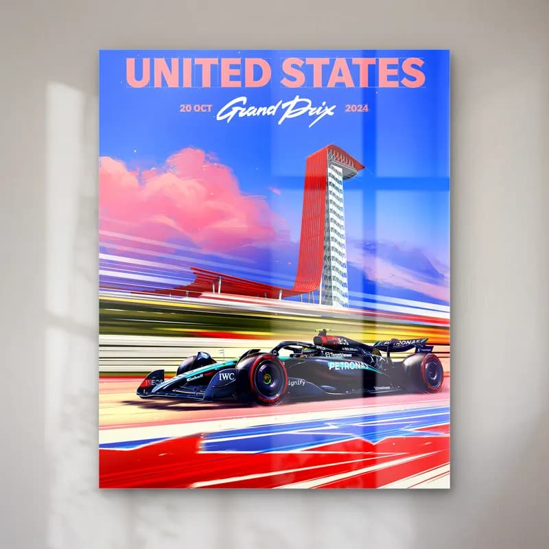 ABD Grand Prix 2024 Posteri cam tablo — Austin pist kulesi ve pembe gökyüzü önünde yarışan siyah Mercedes F1 aracı