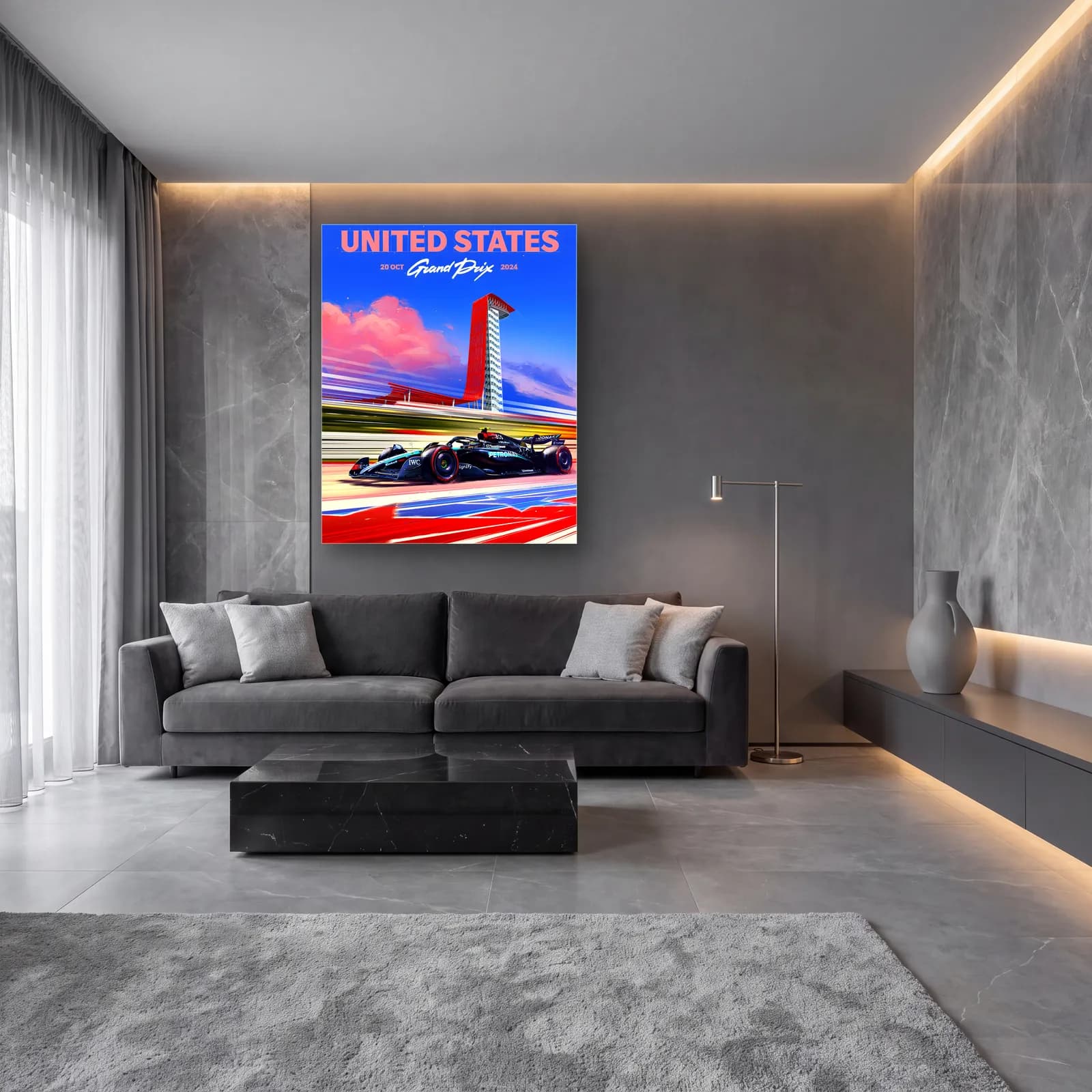 ABD Grand Prix 2024 Posteri cam tablo — lüks salon duvarında
