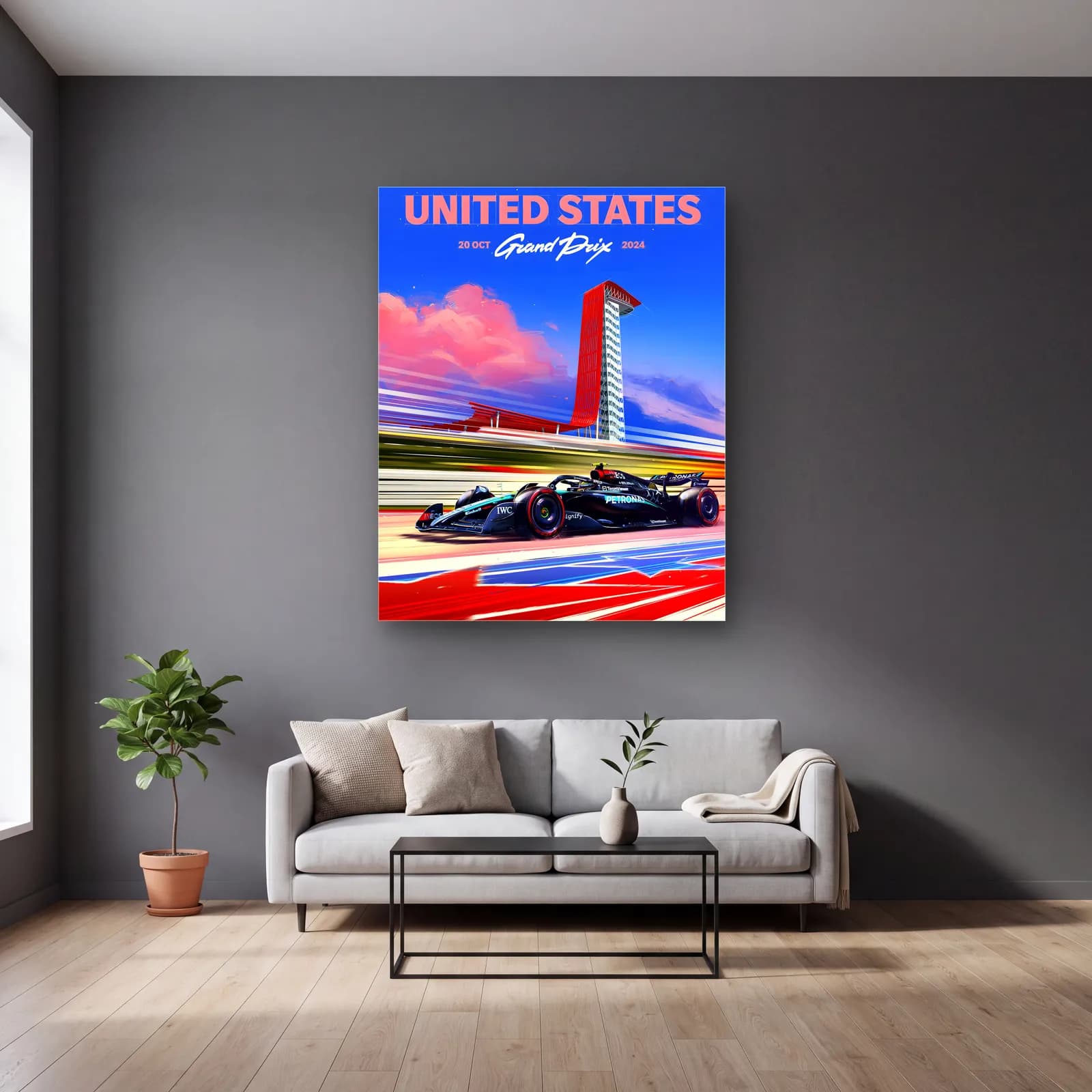 ABD Grand Prix 2024 Posteri cam tablo — gri duvarlı salonda