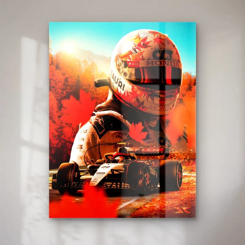 Kanada Grand Prix Pilot Posteri cam tablo — Kızıl akçaağaç yaprakları önünde kasklı pilot portresi ve F1 aracı