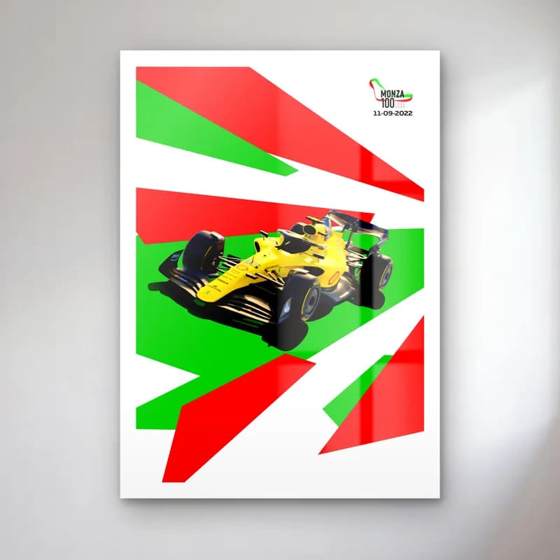 Monza 100. Yıl Posteri cam tablo — Yeşil beyaz kırmızı grafik şeritler üzerinde sarı F1 aracı, Monza 100 logosu