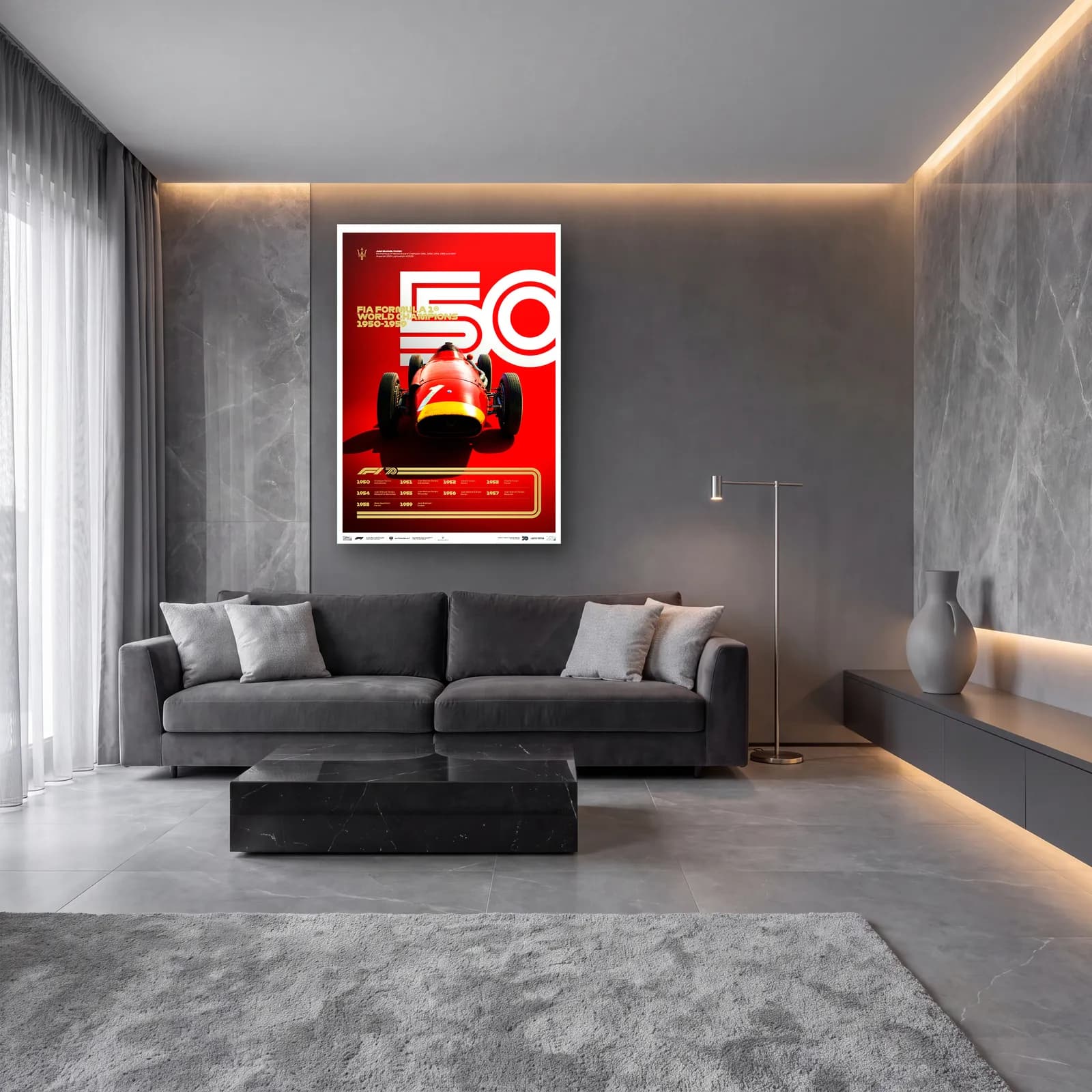 F1 Şampiyonları 1950ler Posteri cam tablo — lüks salon duvarında