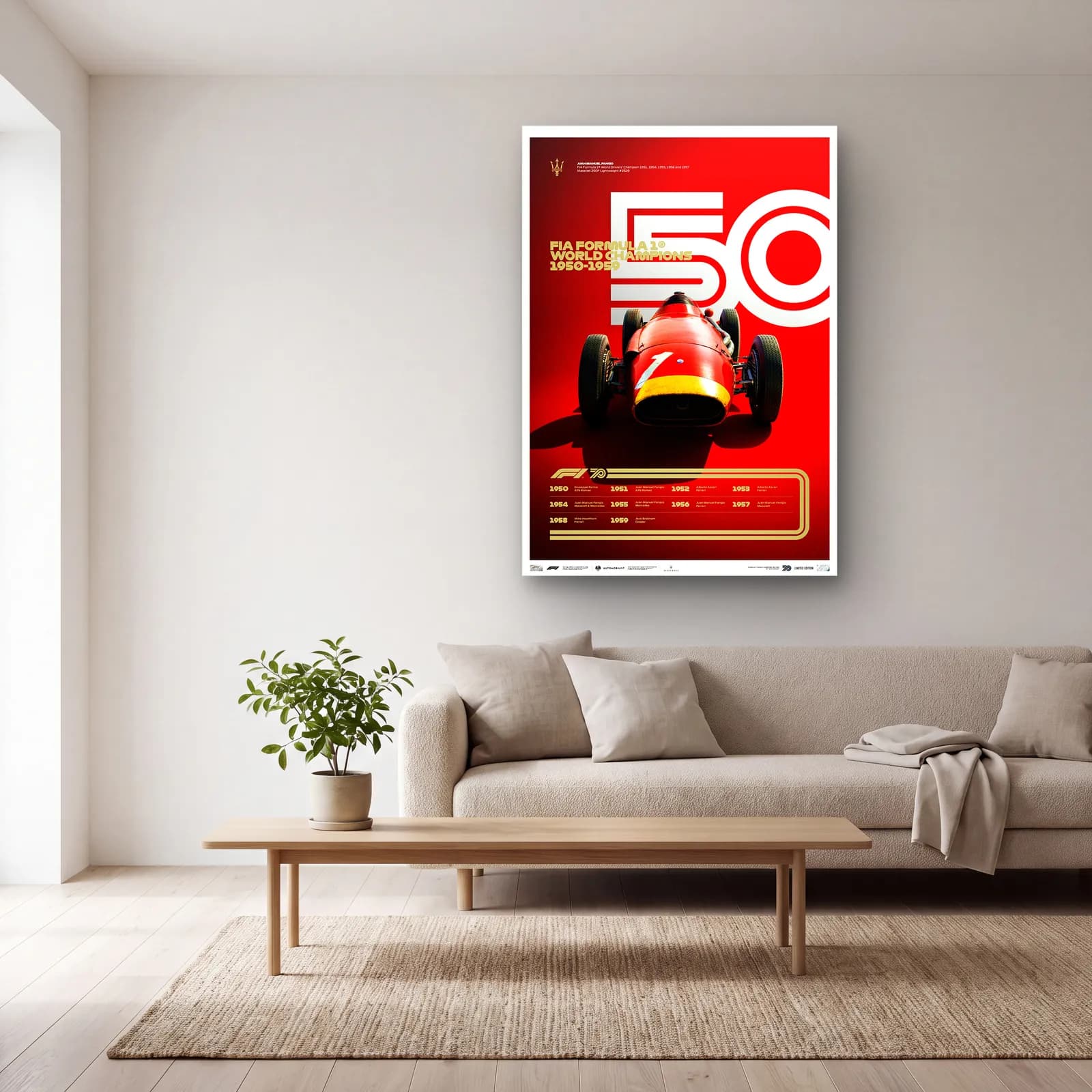 F1 Şampiyonları 1950ler Posteri cam tablo — açık renk salonda