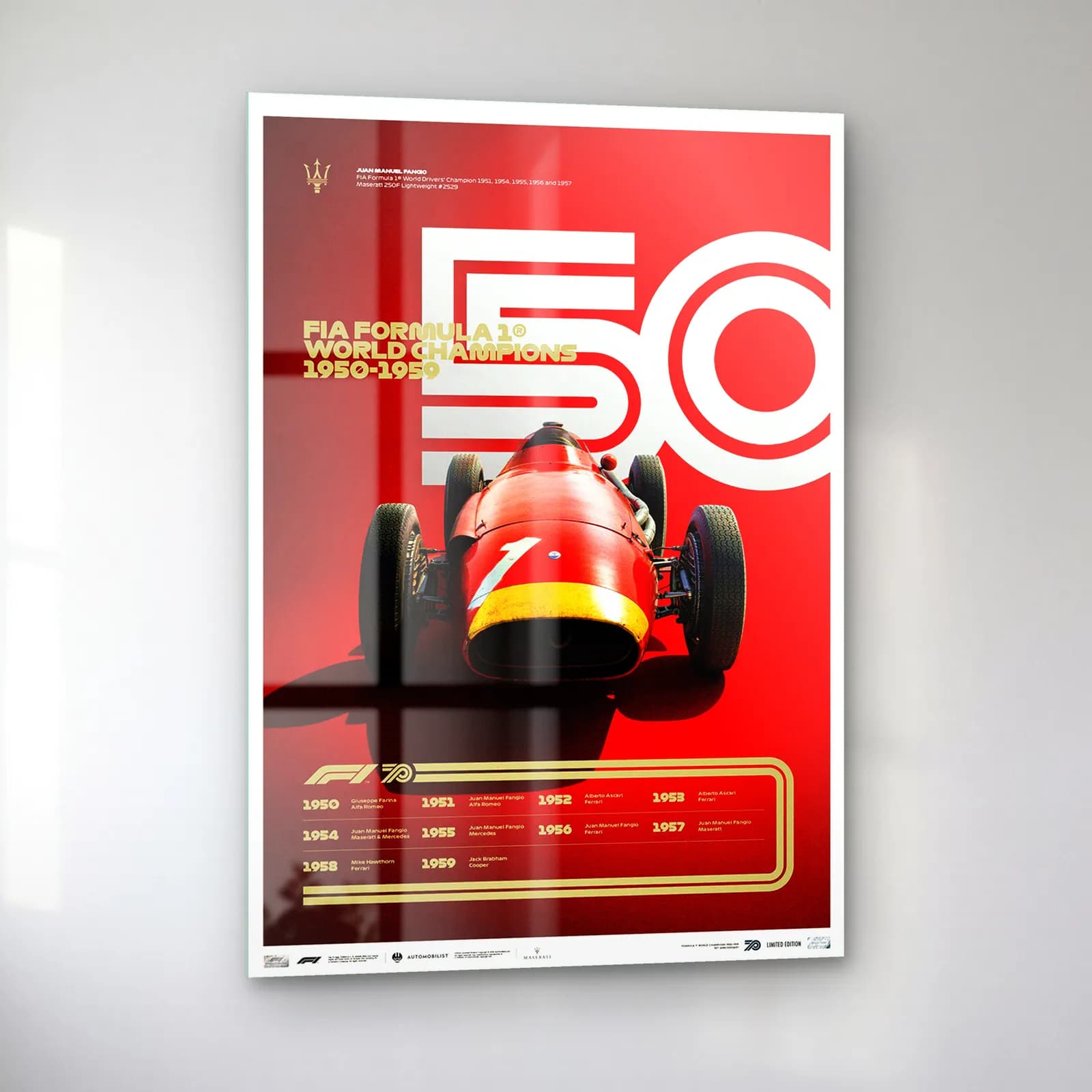 F1 Şampiyonları 1950ler Posteri cam tablo — sol açıdan görünüm