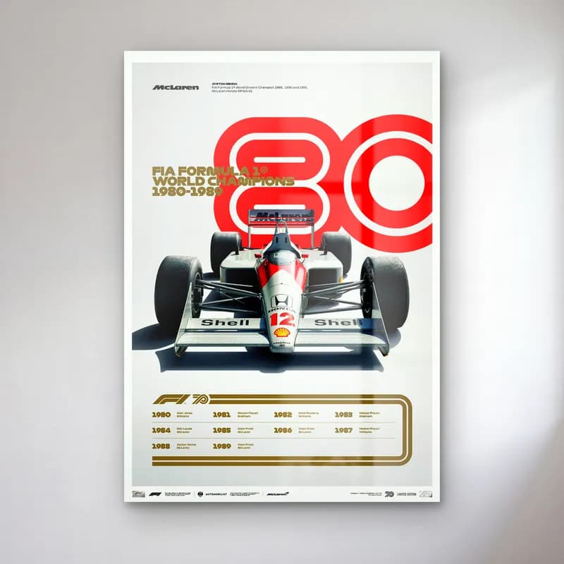 F1 Şampiyonları 1980ler Posteri cam tablo — Beyaz zeminde kırmızı 80 rakamı önünde kırmızı beyaz McLaren F1 aracı