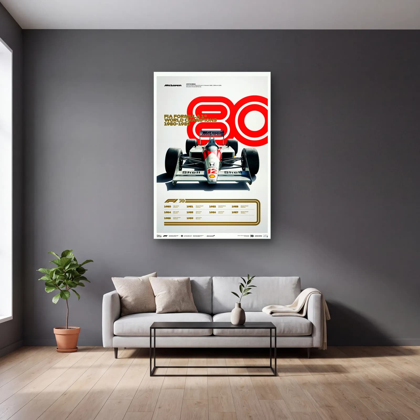 F1 Şampiyonları 1980ler Posteri cam tablo — gri duvarlı salonda