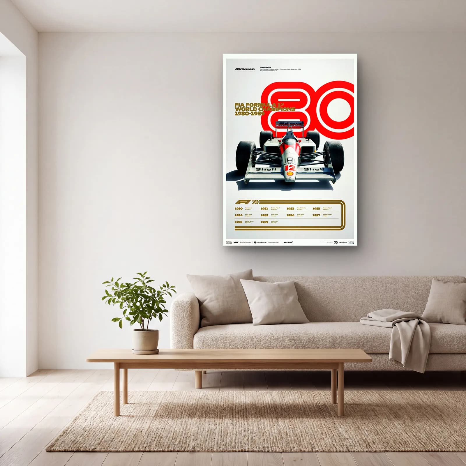 F1 Şampiyonları 1980ler Posteri cam tablo — açık renk salonda