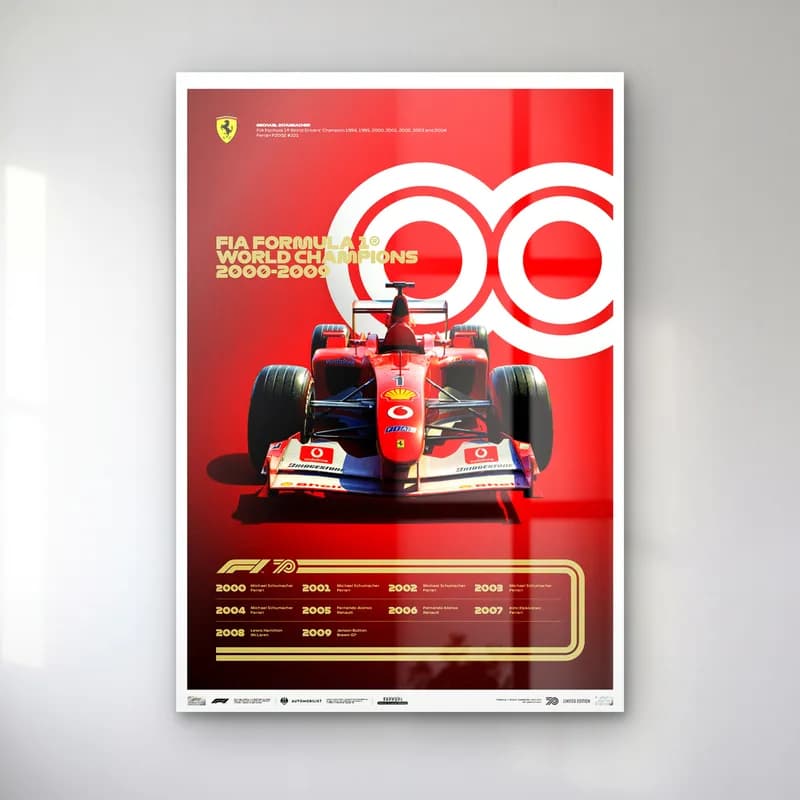 F1 Şampiyonları 2000ler Posteri cam tablo — Kırmızı zeminde beyaz 00 rakamı önünde kırmızı Ferrari F1 aracı