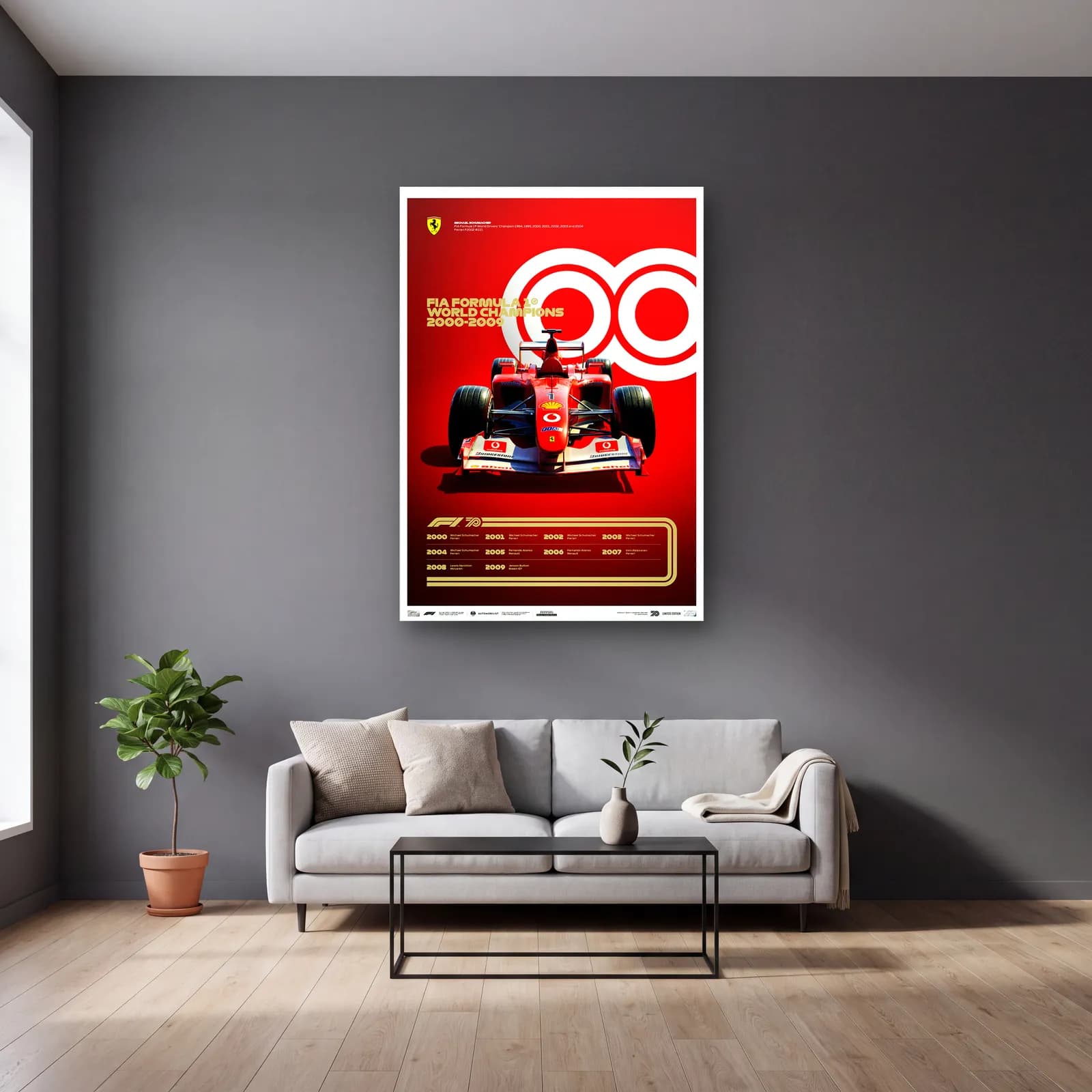 F1 Şampiyonları 2000ler Posteri cam tablo — gri duvarlı salonda