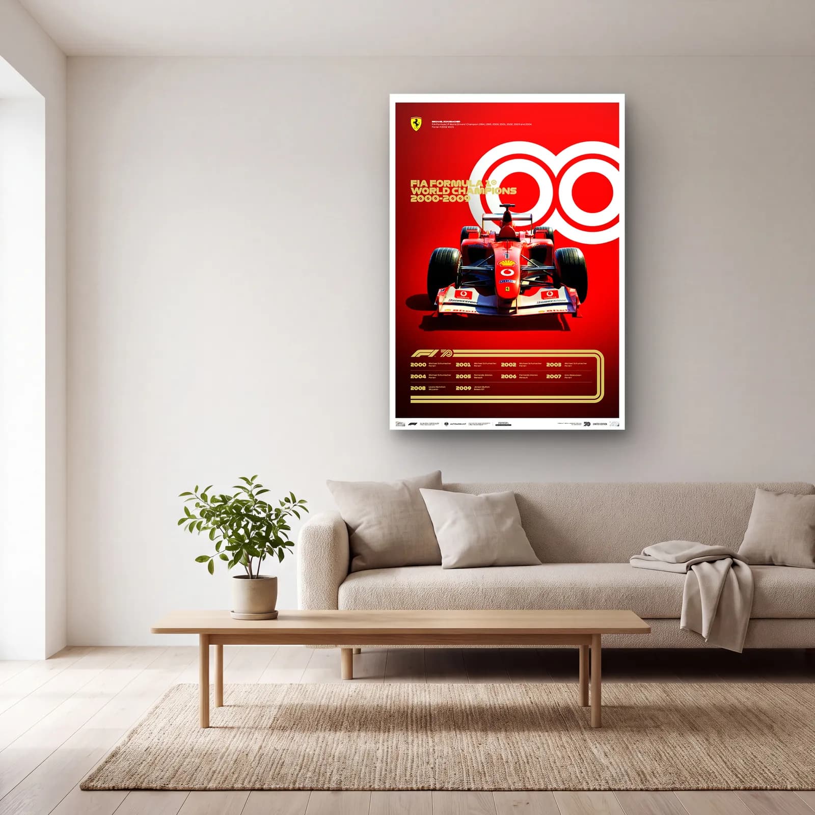 F1 Şampiyonları 2000ler Posteri cam tablo — açık renk salonda