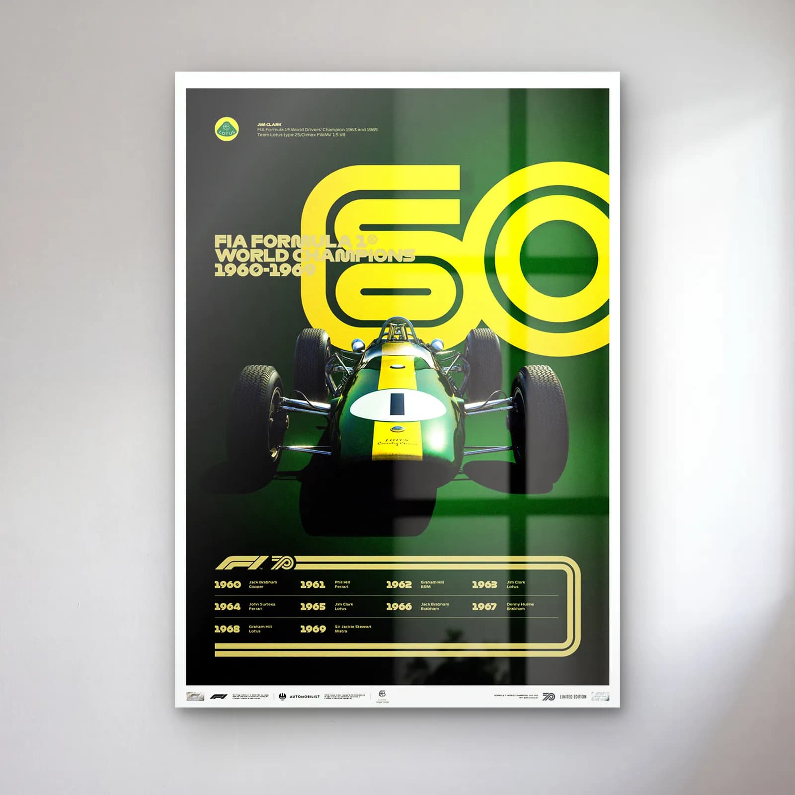 F1 Şampiyonları 1960lar Posteri cam tablo — Koyu yeşil zeminde sarı 60 rakamı önünde yeşil Lotus F1 aracı