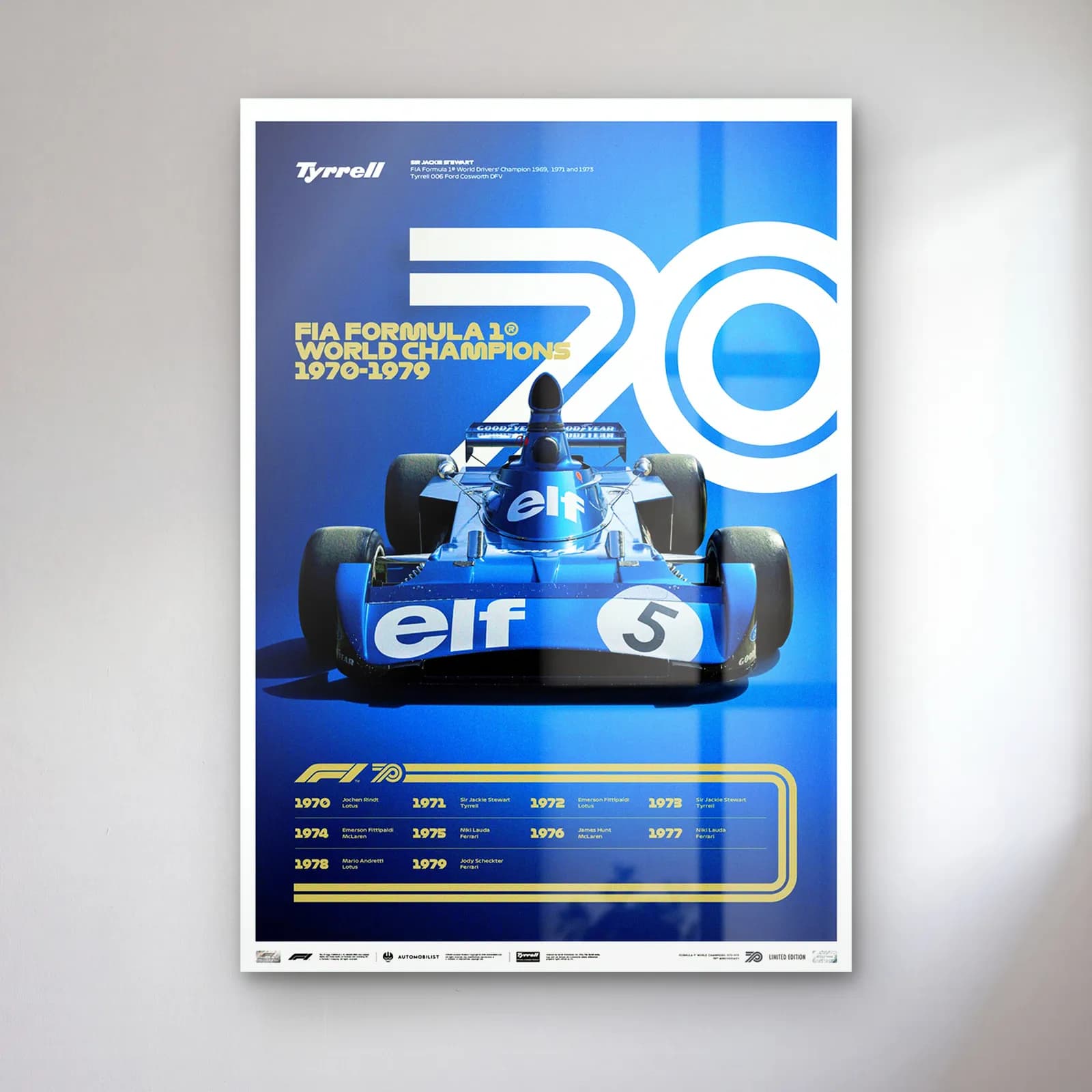 F1 Şampiyonları 1970ler Posteri cam tablo — Mavi zeminde beyaz 70 rakamı önünde 5 numaralı mavi Tyrrell F1 aracı