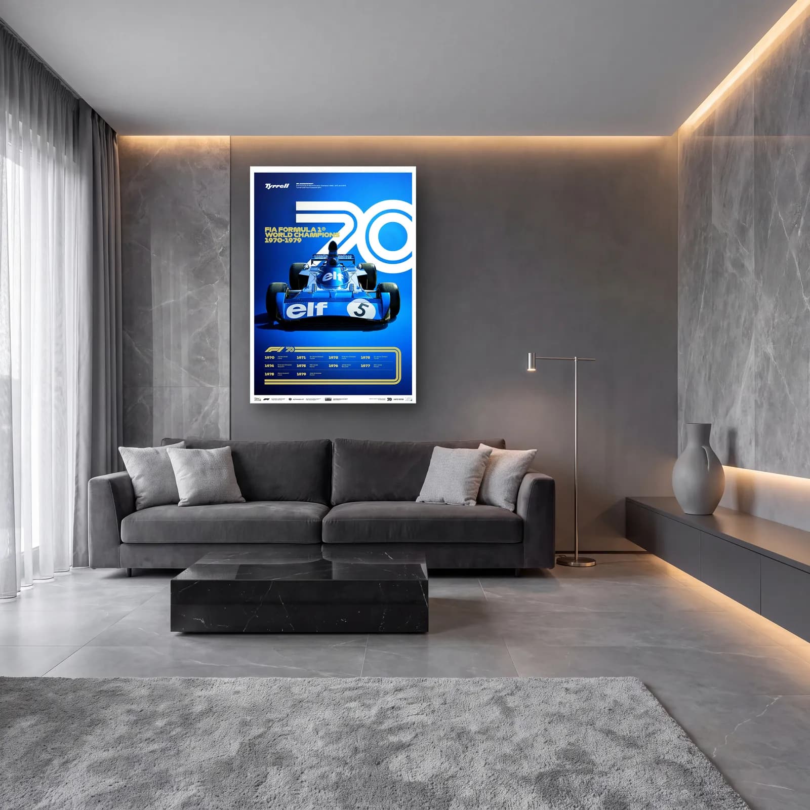 F1 Şampiyonları 1970ler Posteri cam tablo — lüks salon duvarında