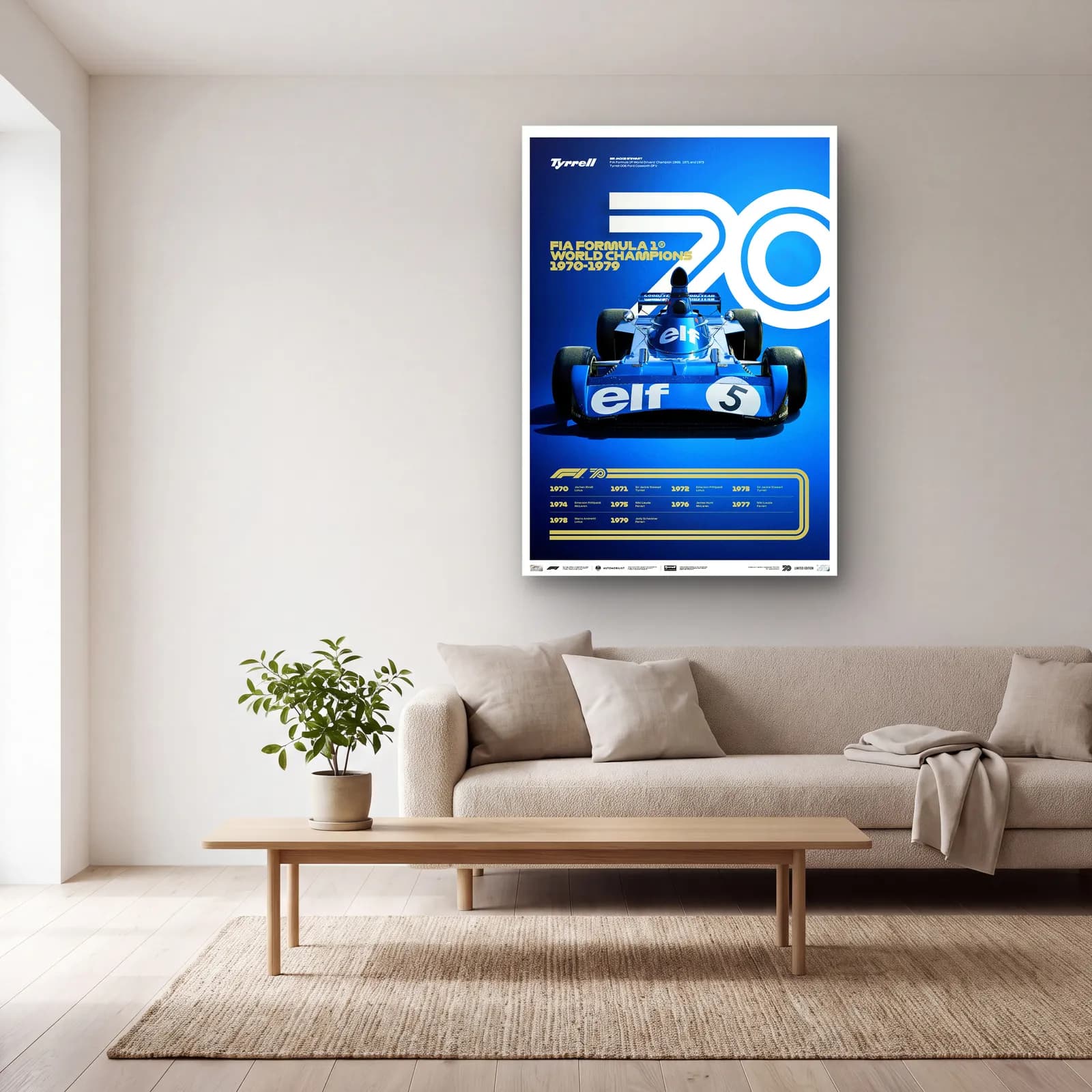 F1 Şampiyonları 1970ler Posteri cam tablo — açık renk salonda