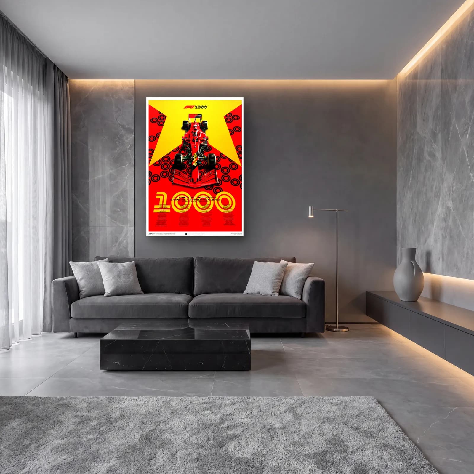Ferrari 1000. Yarış Posteri cam tablo — lüks salon duvarında