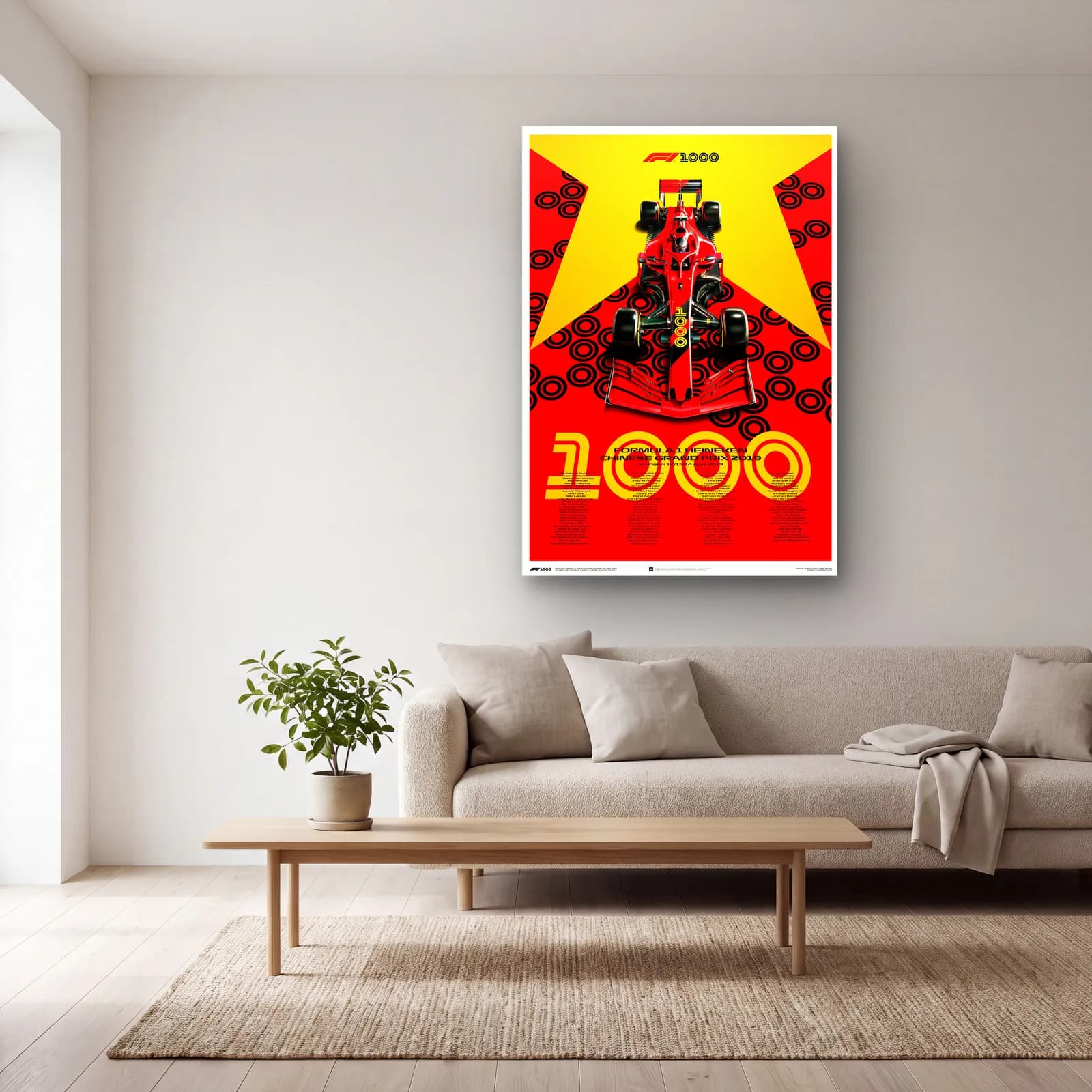 Ferrari 1000. Yarış Posteri cam tablo — açık renk salonda