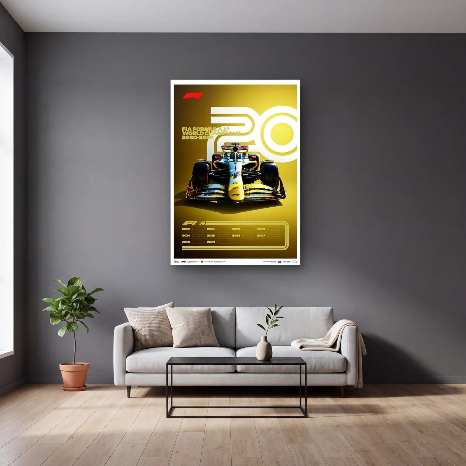 F1 Şampiyonları 2020ler Posteri cam tablo — gri duvarlı salonda