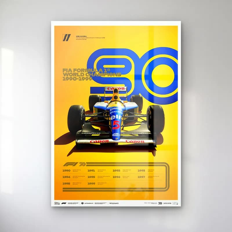 F1 Şampiyonları 1990lar Posteri cam tablo — Sarı zeminde mavi 90 rakamı önünde mavi sarı Williams F1 aracı