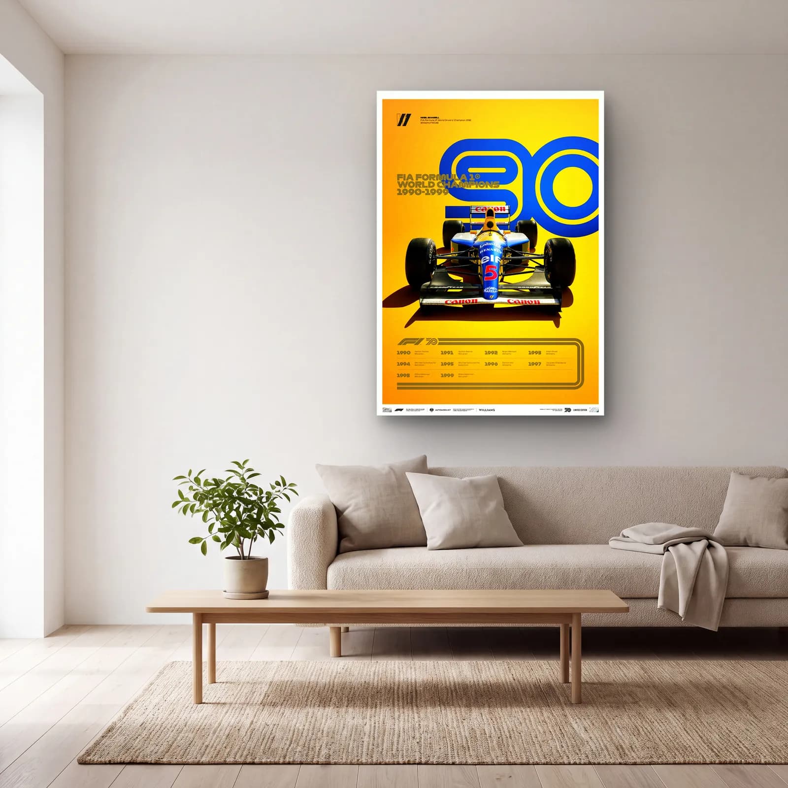 F1 Şampiyonları 1990lar Posteri cam tablo — açık renk salonda
