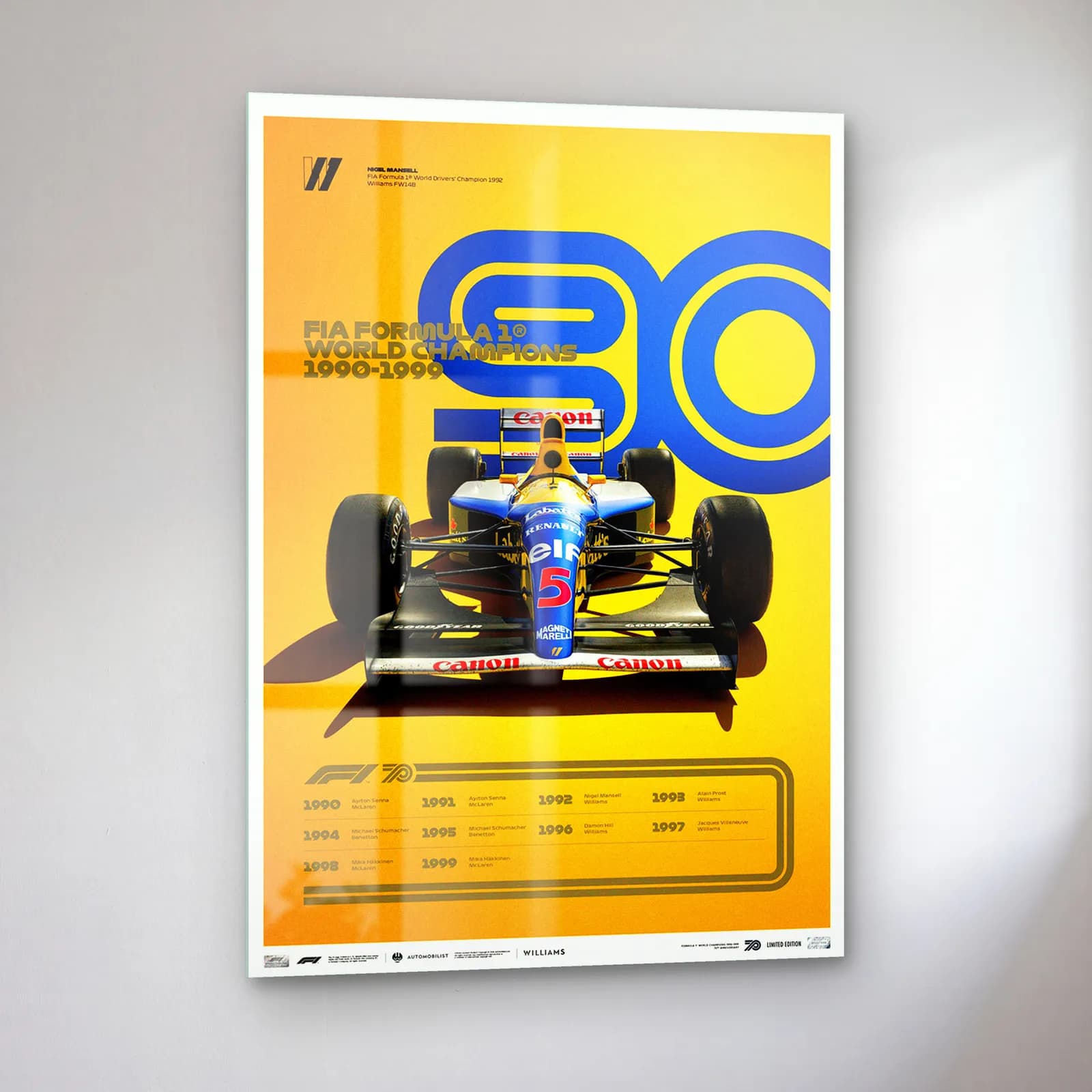 F1 Şampiyonları 1990lar Posteri cam tablo — sol açıdan görünüm