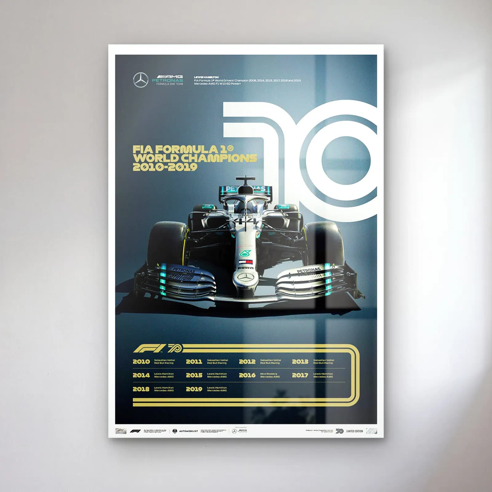 F1 Şampiyonları 2010lar Posteri cam tablo — Koyu gri zeminde beyaz 10 rakamı önünde gümüş Mercedes F1 aracı