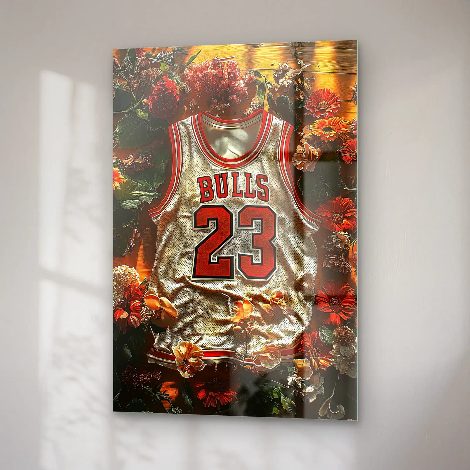 Chicago Bulls 23 Beyaz Forma cam tablo — sağ açıdan görünüm