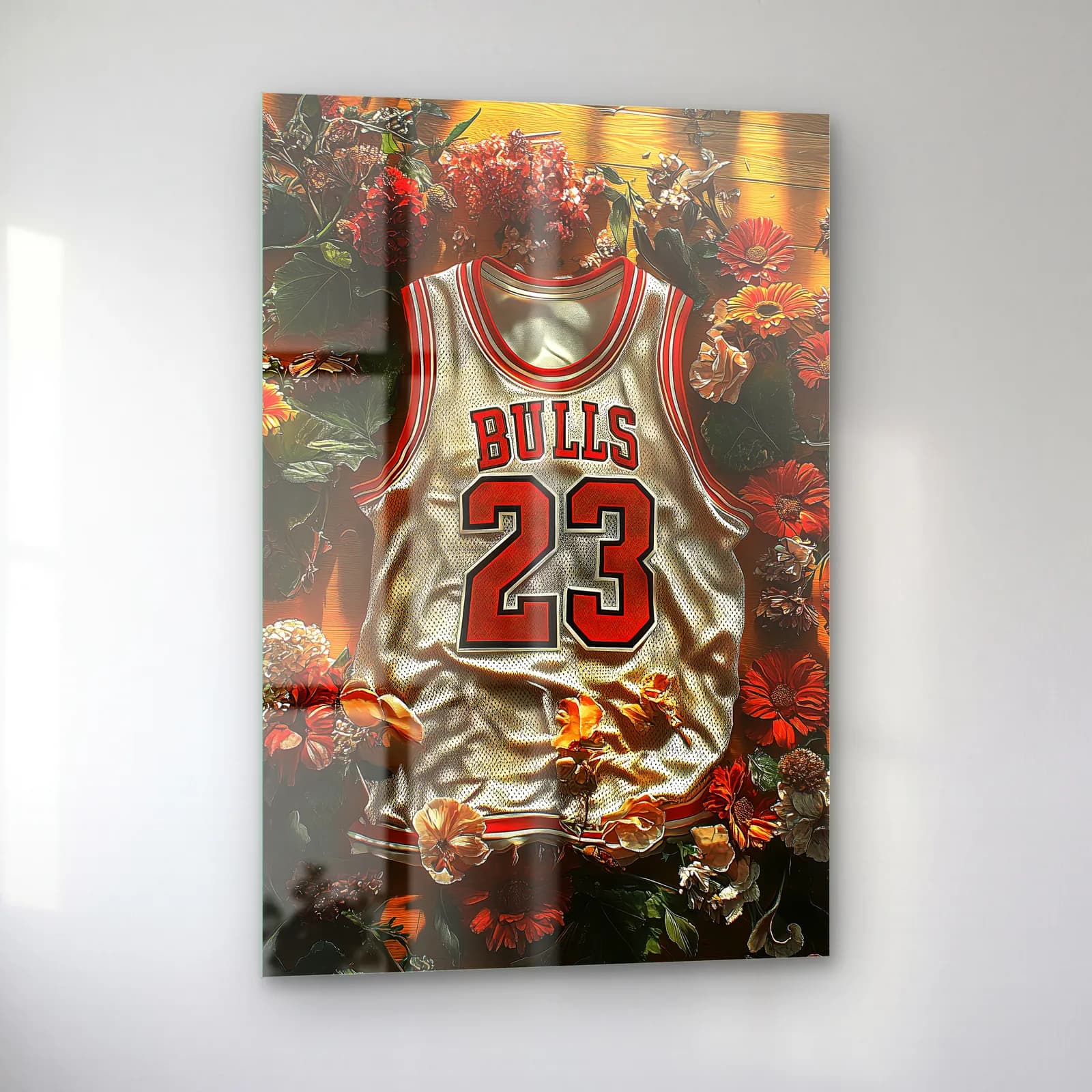 Chicago Bulls 23 Beyaz Forma cam tablo — sol açıdan görünüm