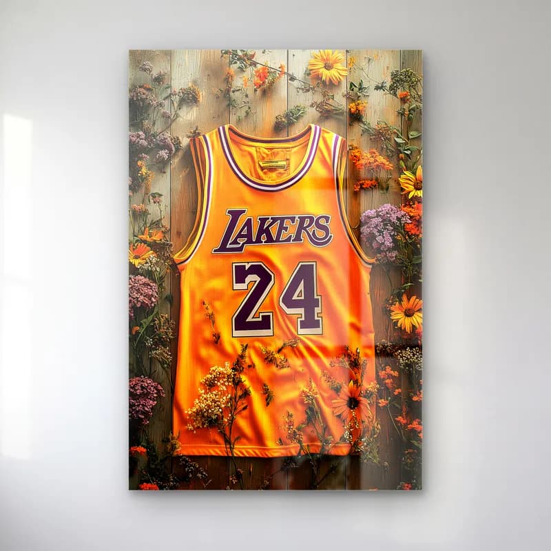 Lakers 24 Sarı Forma cam tablo — Ahşap zemin ve kır çiçekleri arasında sarı 24 numaralı Lakers forması
