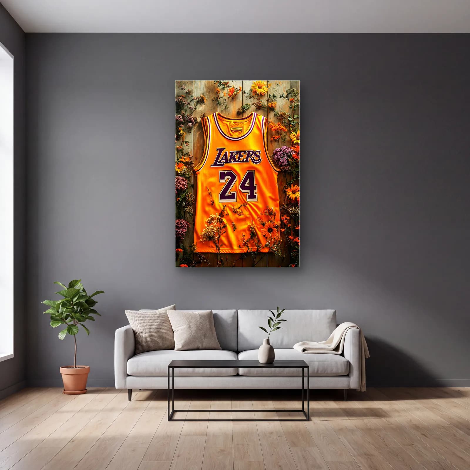 Lakers 24 Sarı Forma cam tablo — gri duvarlı salonda