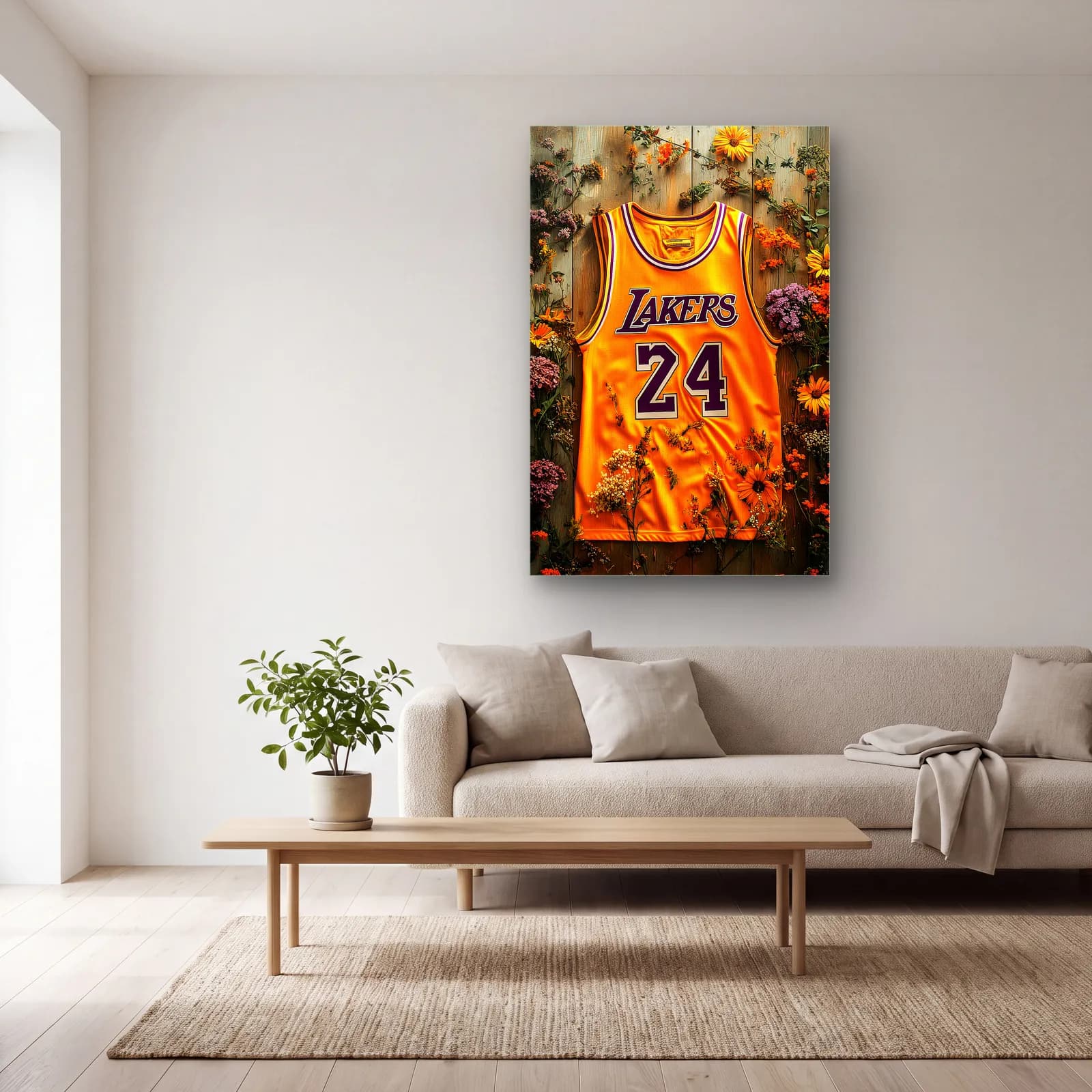 Lakers 24 Sarı Forma cam tablo — açık renk salonda