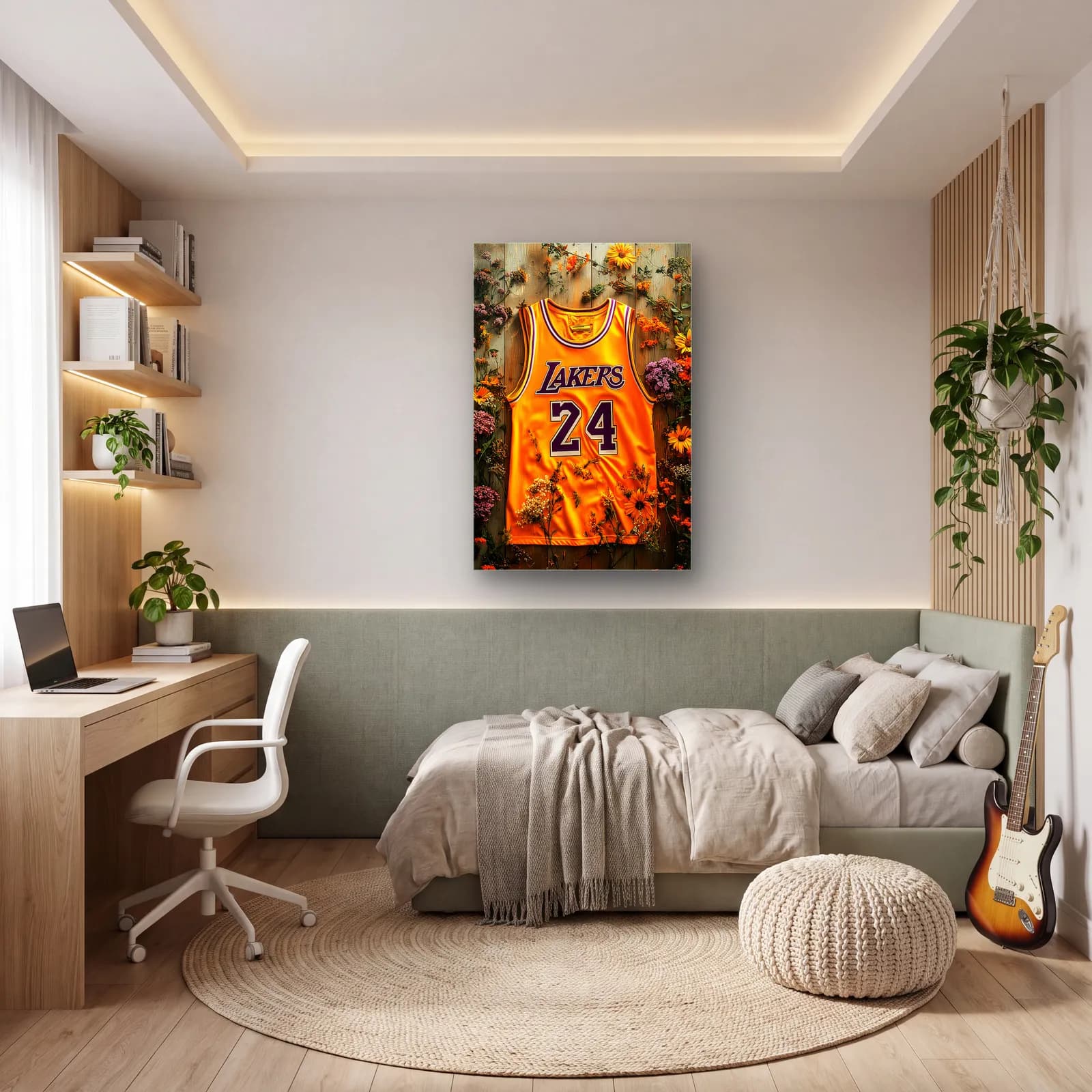 Lakers 24 Sarı Forma cam tablo — genç odasında