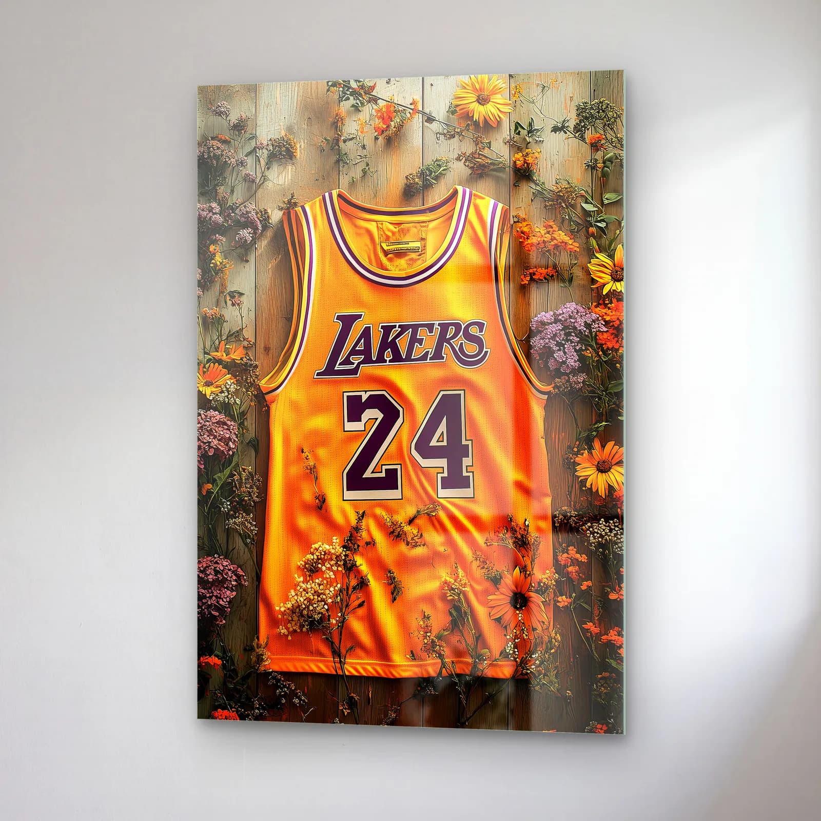 Lakers 24 Sarı Forma cam tablo — sağ açıdan görünüm