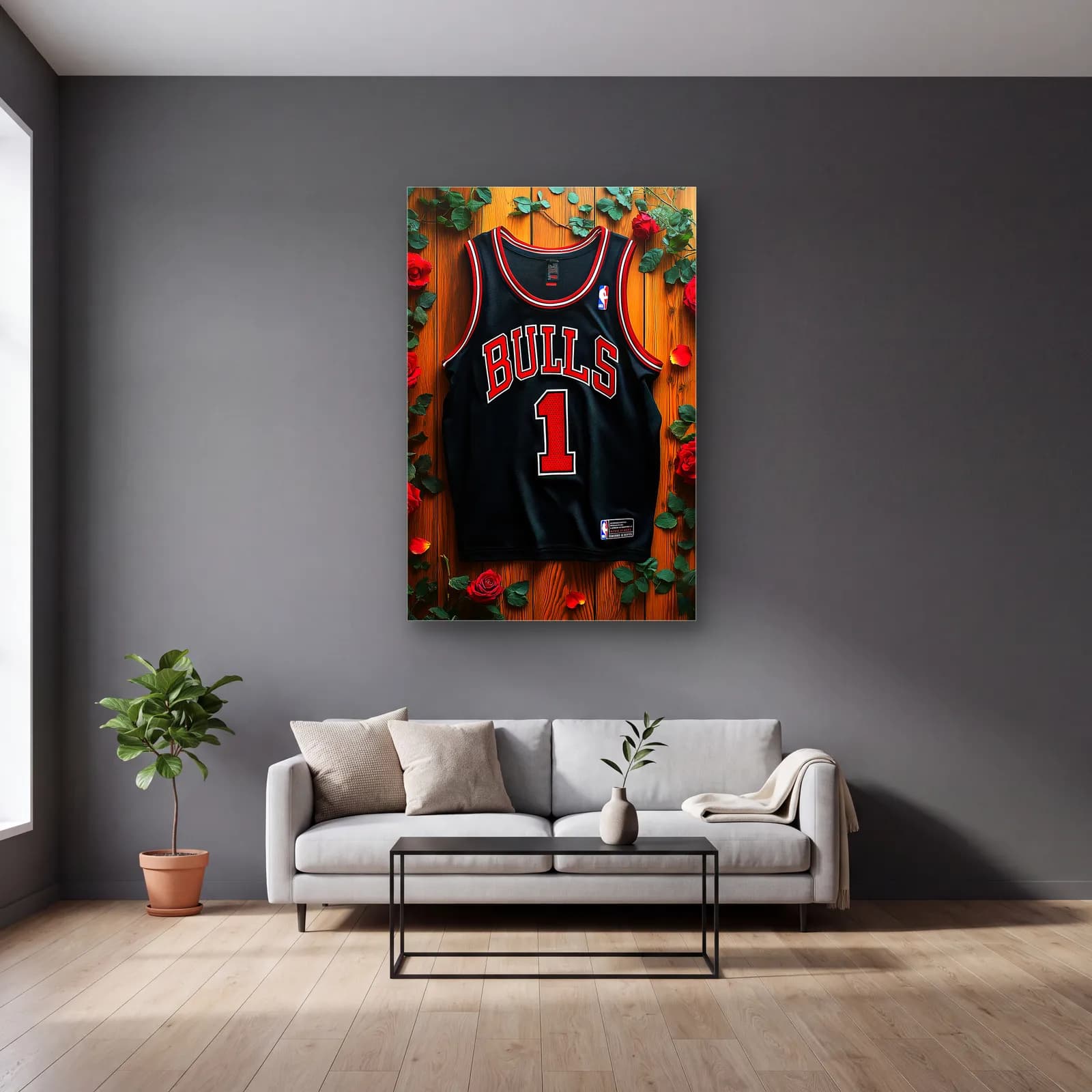 Chicago Bulls 1 Siyah Forma cam tablo — gri duvarlı salonda