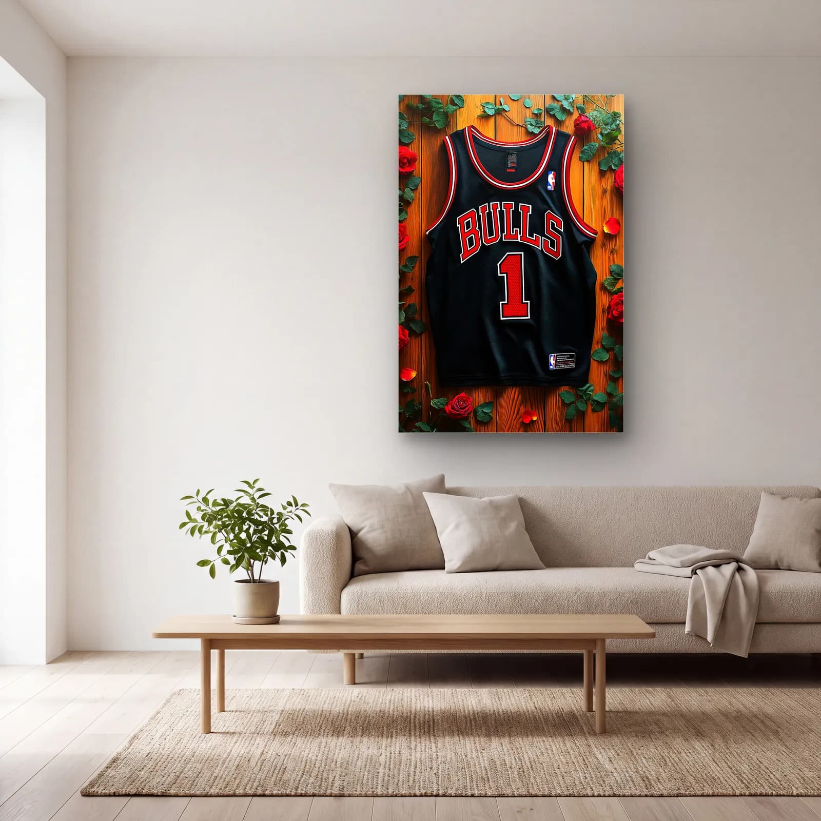 Chicago Bulls 1 Siyah Forma cam tablo — açık renk salonda