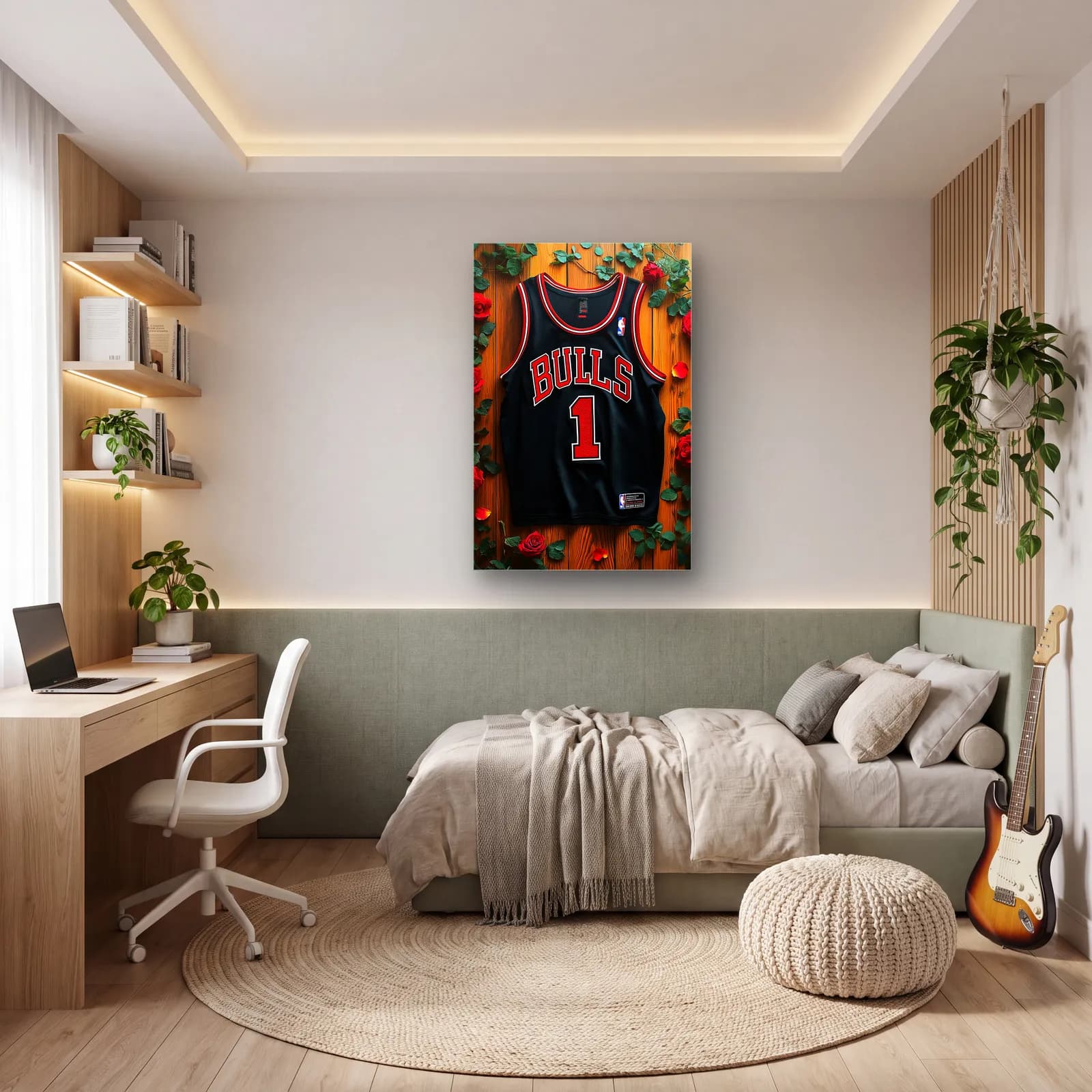Chicago Bulls 1 Siyah Forma cam tablo — genç odasında