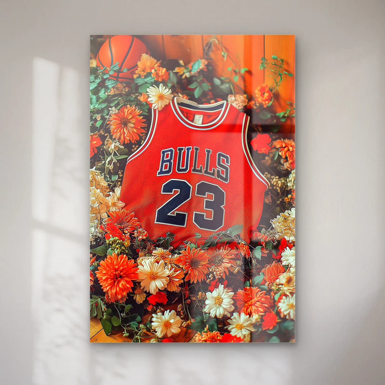 Chicago Bulls 23 Kırmızı Forma cam tablo — Turuncu beyaz çiçekler arasında kırmızı 23 numaralı Bulls forması