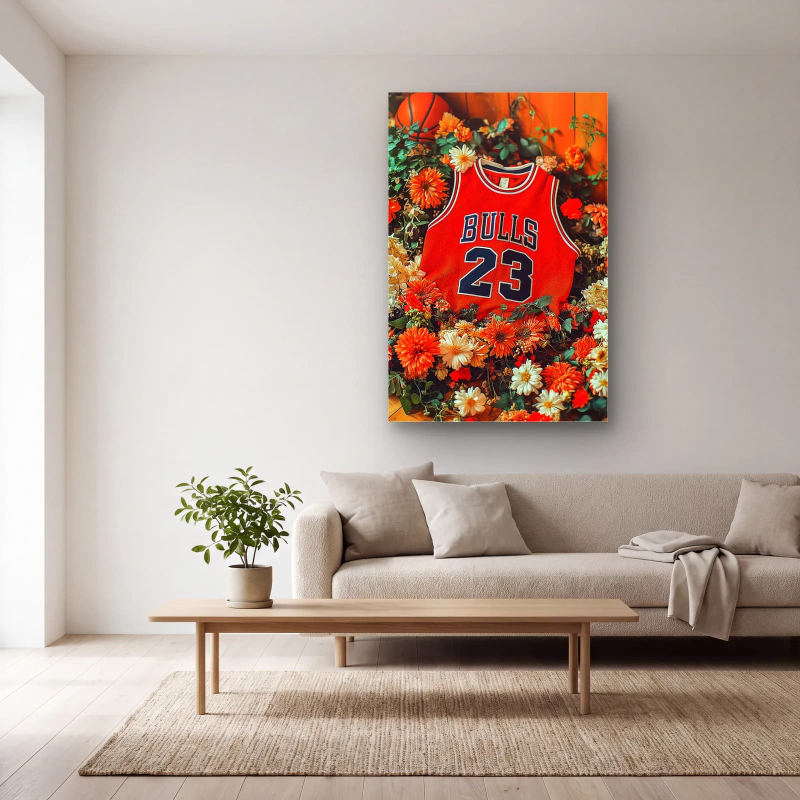 Chicago Bulls 23 Kırmızı Forma cam tablo — açık renk salonda