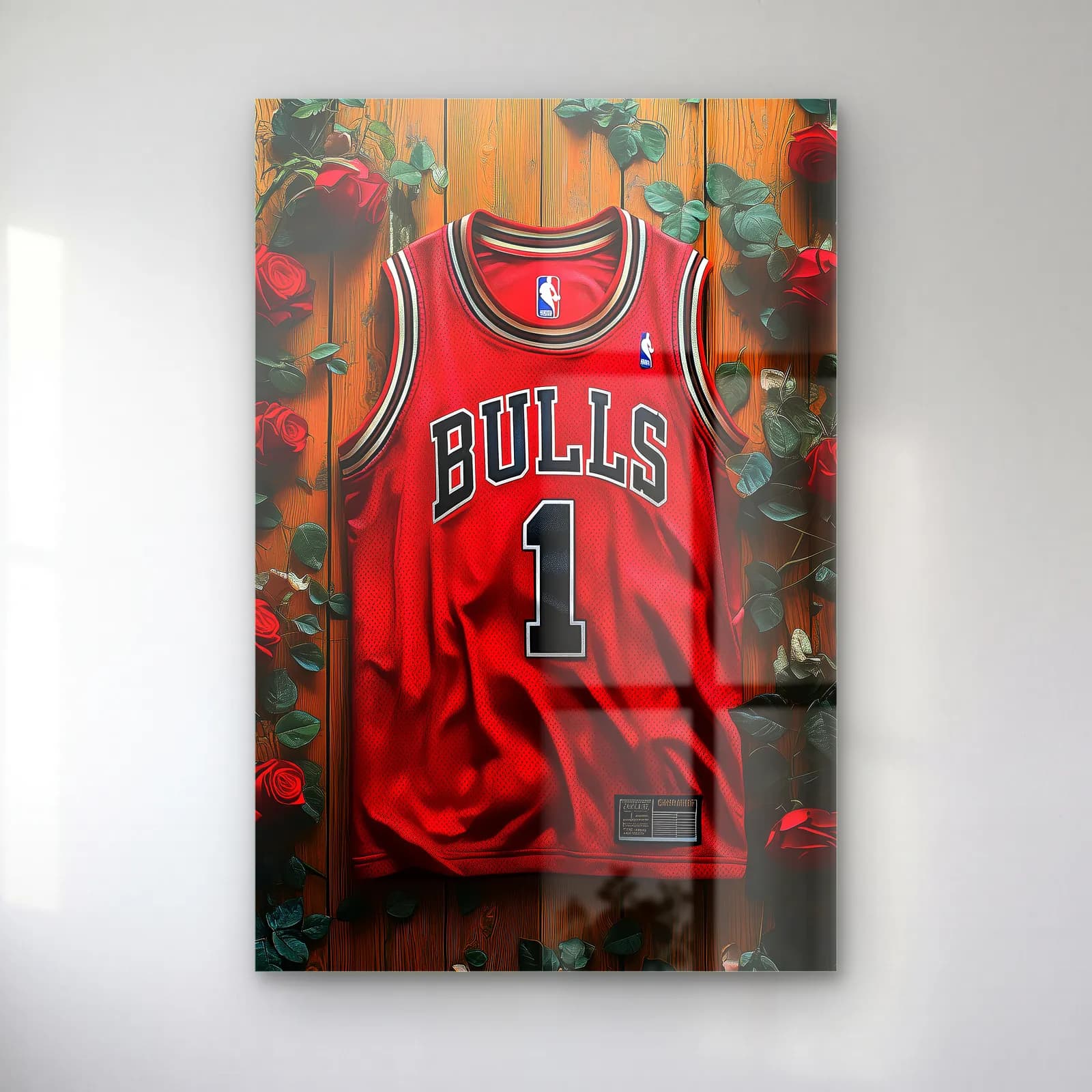 Chicago Bulls 1 Kırmızı Güllü Forma cam tablo — Ahşap zemin ve kırmızı güller arasında kırmızı 1 numaralı Bulls forması