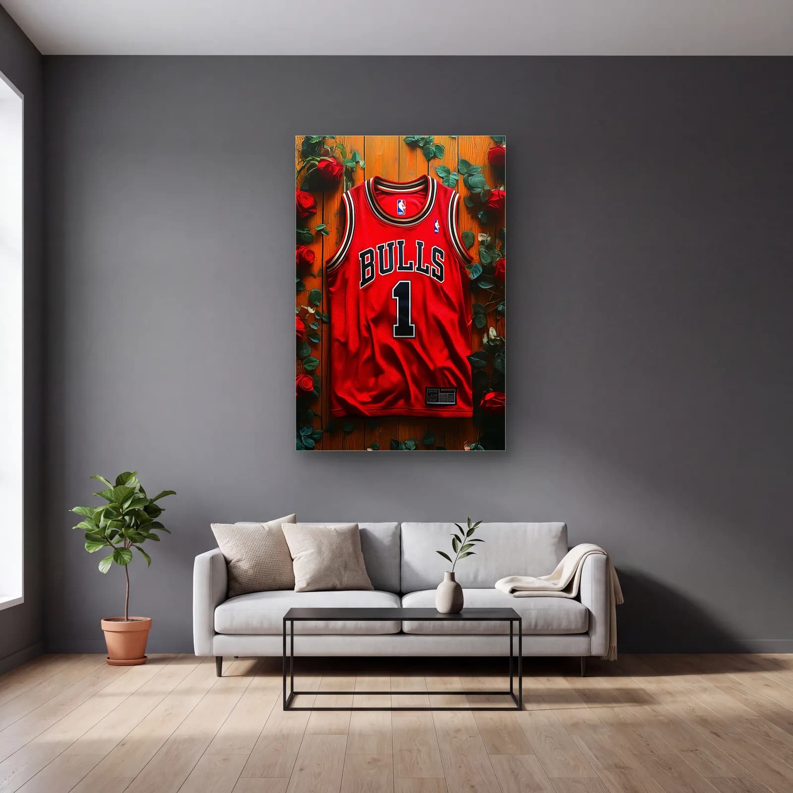 Chicago Bulls 1 Kırmızı Güllü Forma cam tablo — gri duvarlı salonda