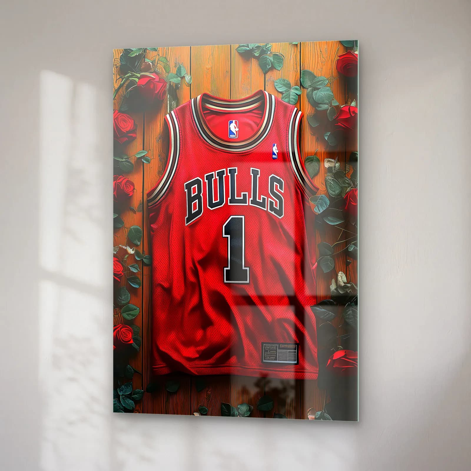 Chicago Bulls 1 Kırmızı Güllü Forma cam tablo — sağ açıdan görünüm