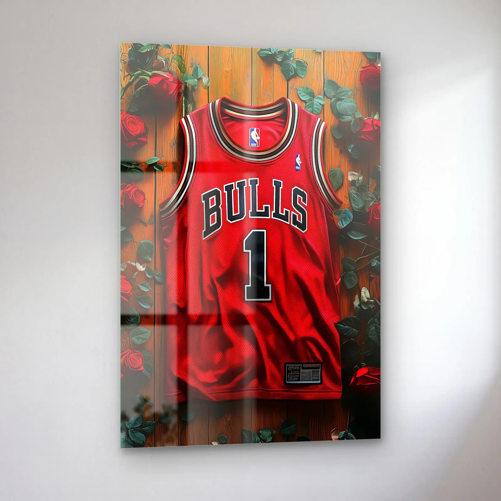 Chicago Bulls 1 Kırmızı Güllü Forma cam tablo — sol açıdan görünüm