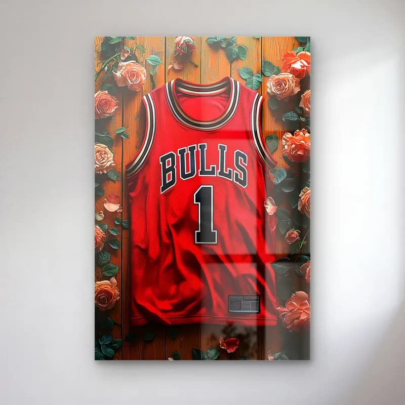 Chicago Bulls 1 Somon Güllü Forma cam tablo — Ahşap zemin ve somon renkli güller arasında kırmızı 1 numaralı Bulls forması