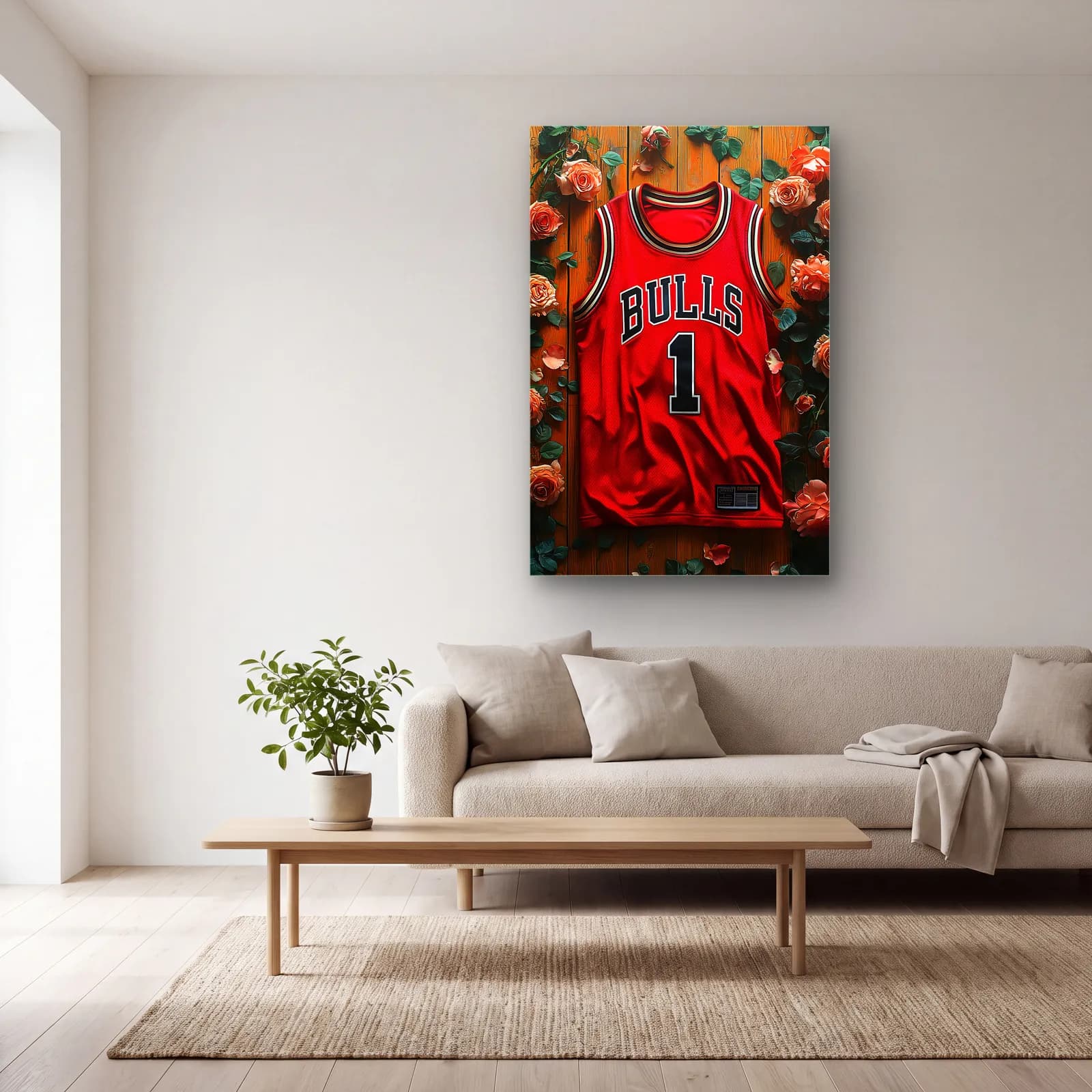 Chicago Bulls 1 Somon Güllü Forma cam tablo — açık renk salonda