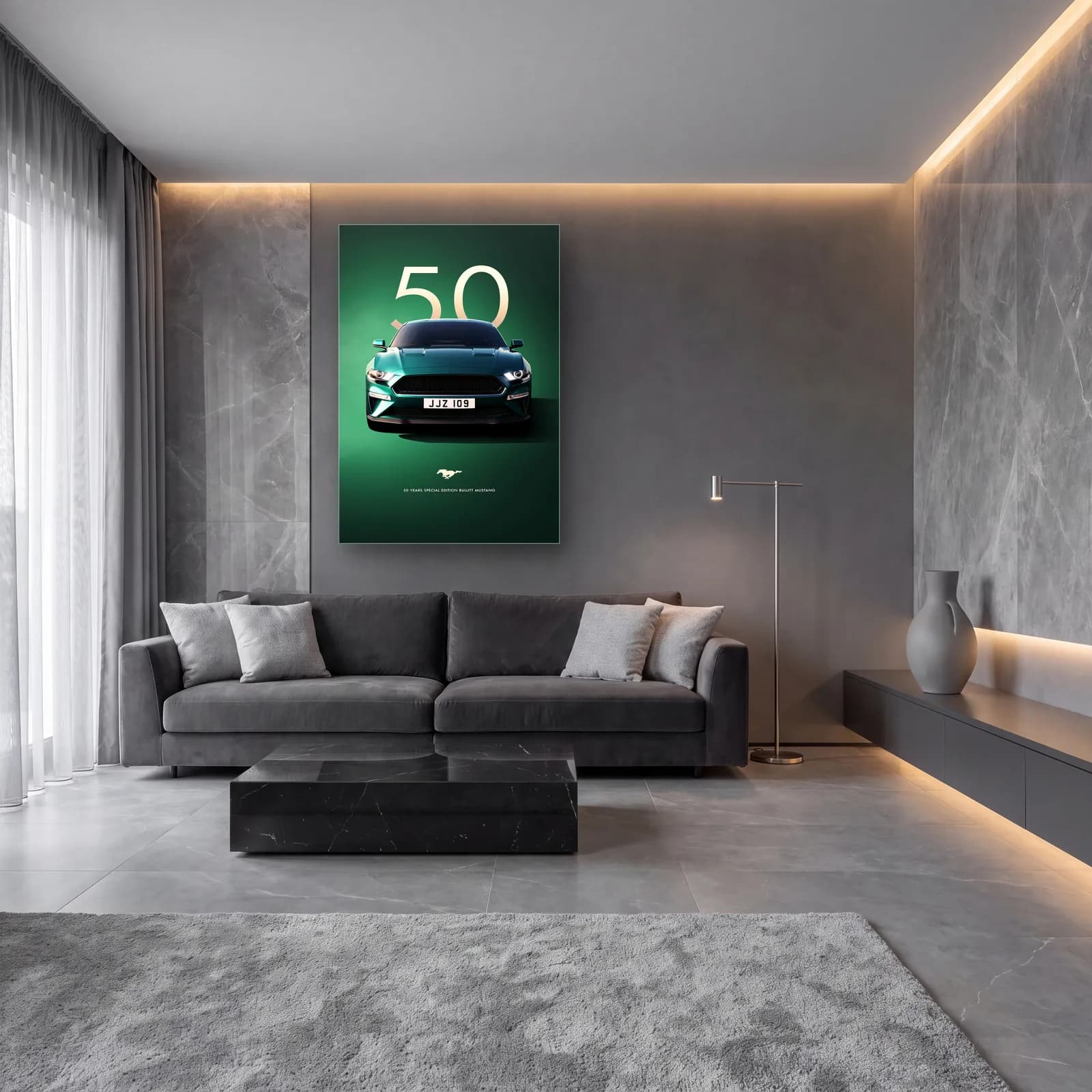 Ford Mustang Bullitt 50. Yıl Posteri cam tablo — lüks salon duvarında