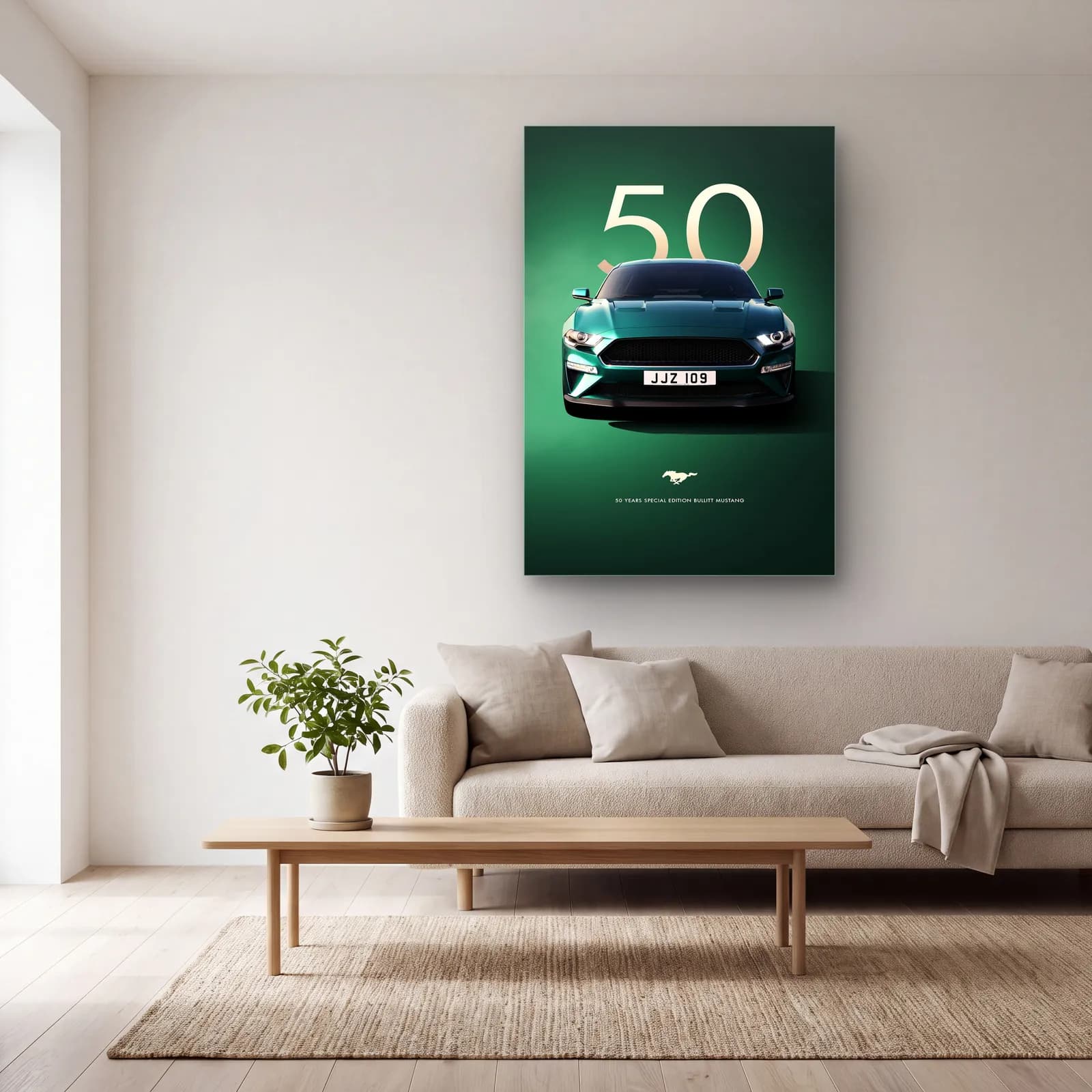 Ford Mustang Bullitt 50. Yıl Posteri cam tablo — açık renk salonda