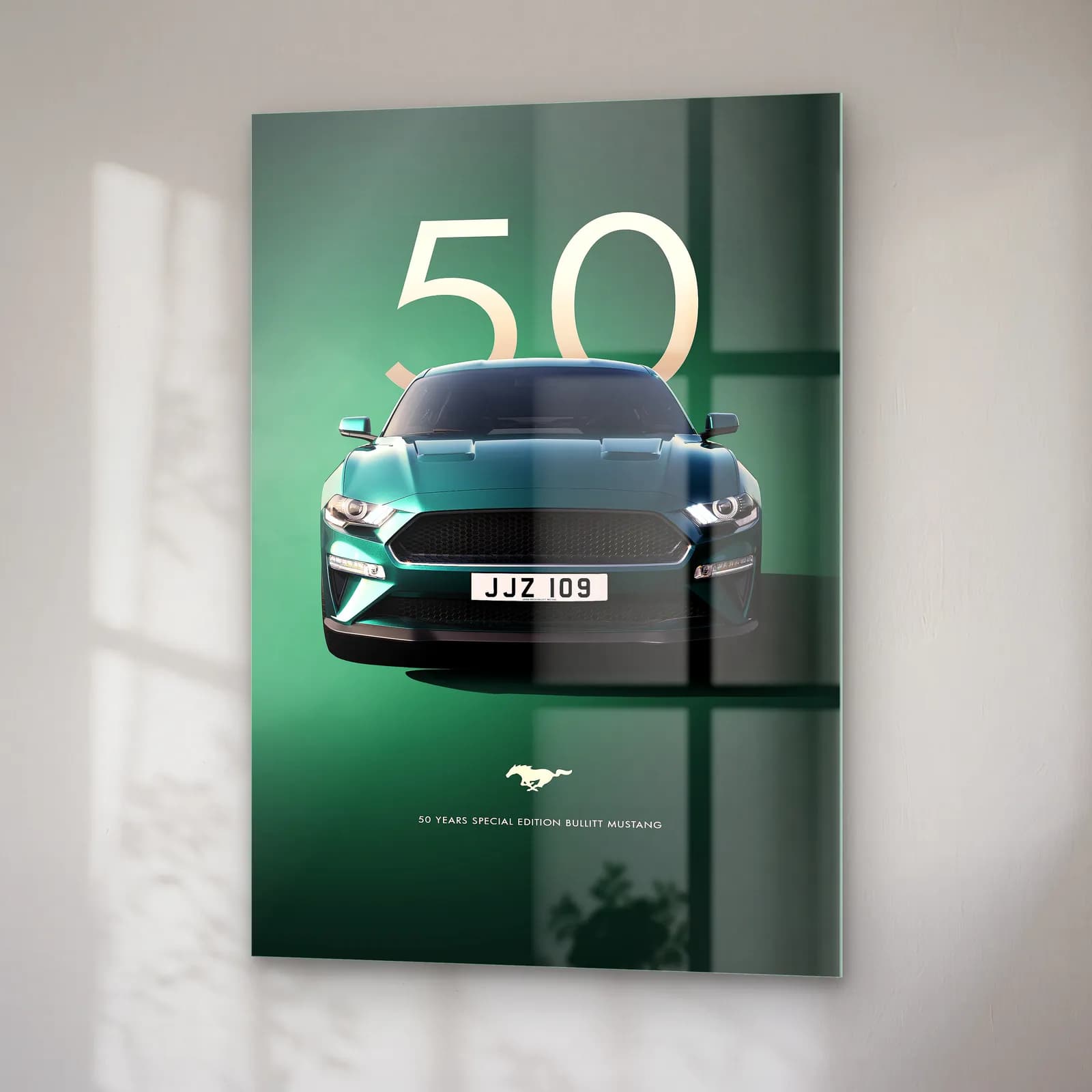 Ford Mustang Bullitt 50. Yıl Posteri cam tablo — sağ açıdan görünüm