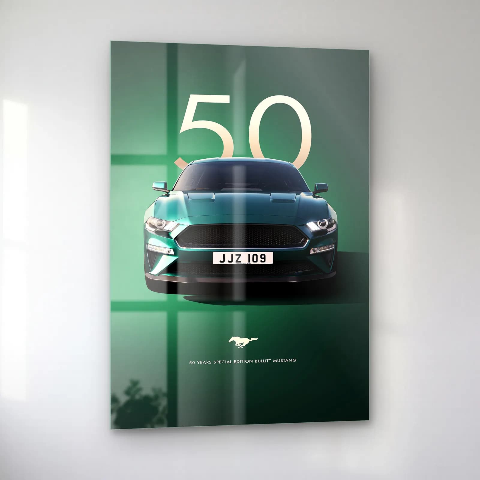 Ford Mustang Bullitt 50. Yıl Posteri cam tablo — sol açıdan görünüm