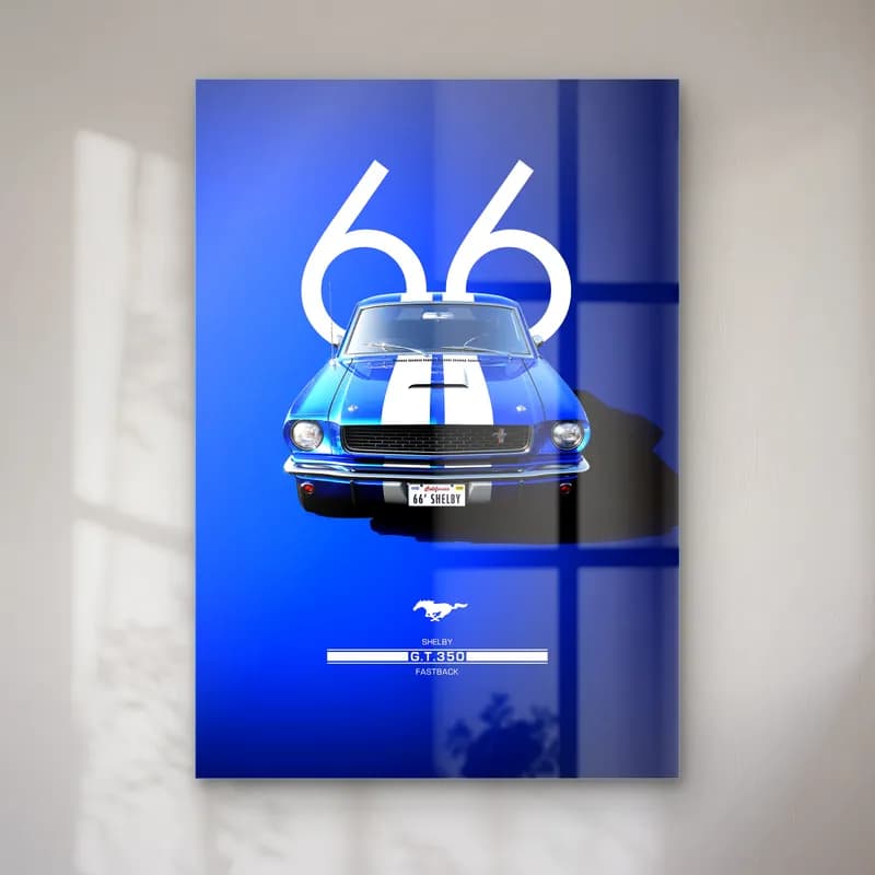 Shelby GT350 1966 Posteri cam tablo — Mavi zeminde beyaz 66 rakamı önünde beyaz şeritli mavi Shelby GT350