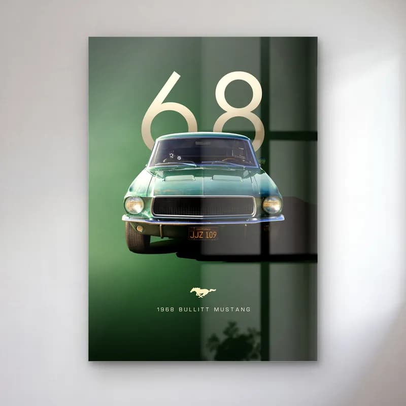 1968 Bullitt Mustang Posteri cam tablo — Yeşil zeminde 68 rakamı önünde koyu yeşil klasik Ford Mustang